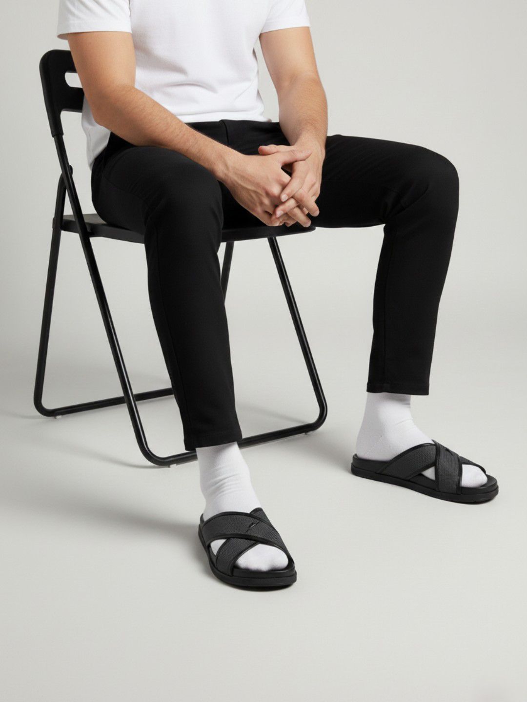 ZEESH Men Noir Black Leather Sliders