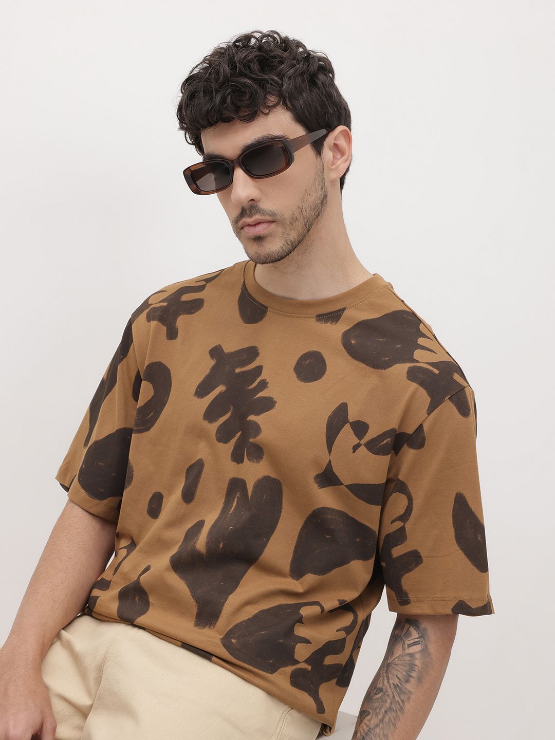 The Roadster Life Co. Printed Drop-Shoulder Sleeves Relaxed Cotton T-shirt
