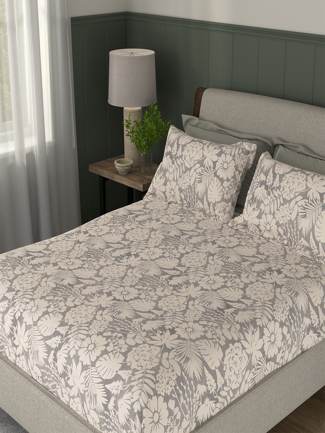 Portico New York Signature Portico New York Signature Grey Floral 104 TC King Bedsheet with 2 Pillow Covers