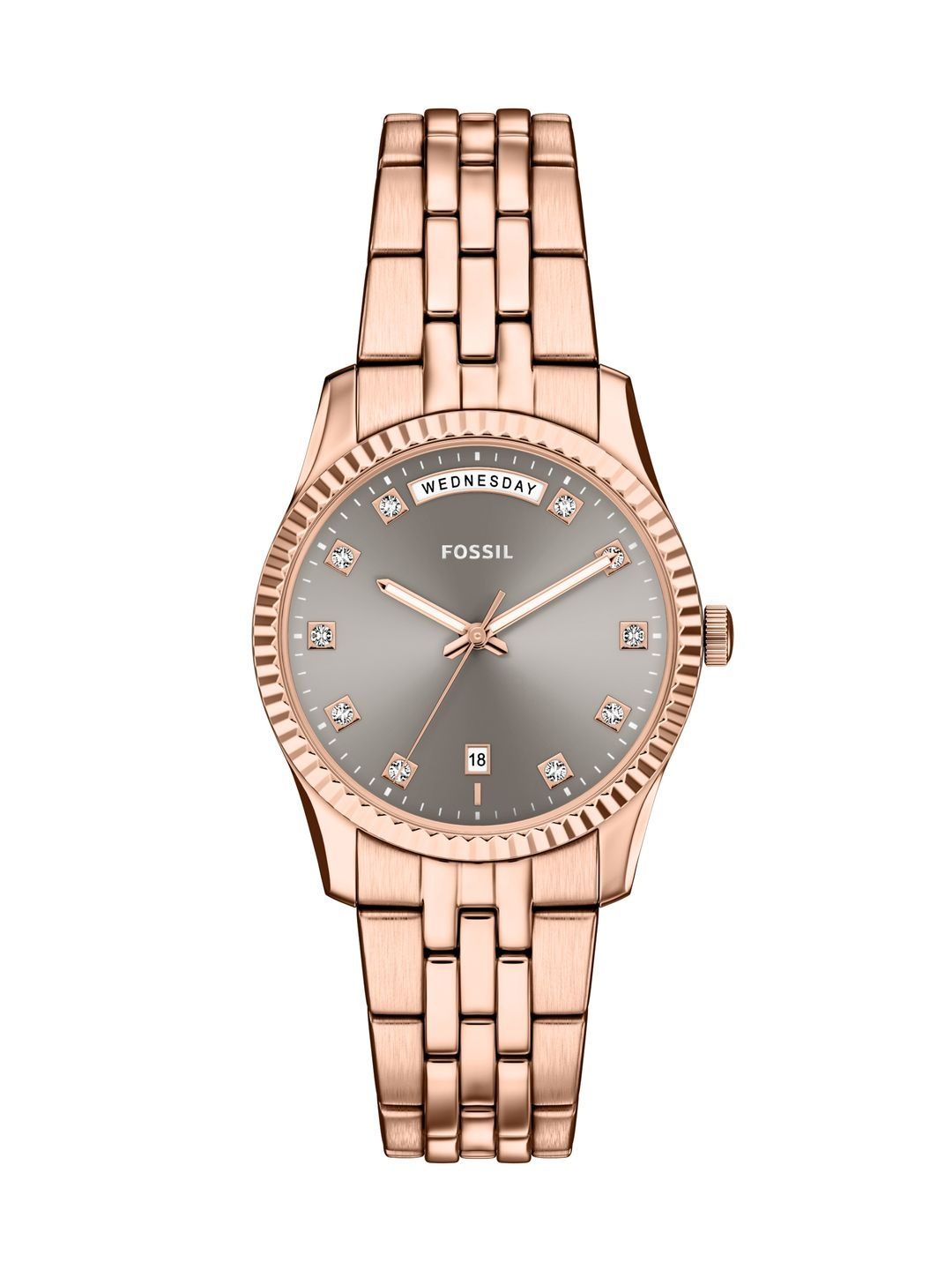Embellished Dial & Stainless Steel Bracelet Style Straps Analogue Date Aperture Watch ES5459