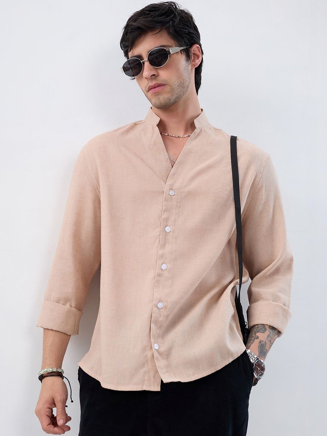 VASTRADO Premium Tan Beige Linen Blend Stand-Collar Oversized Shirt