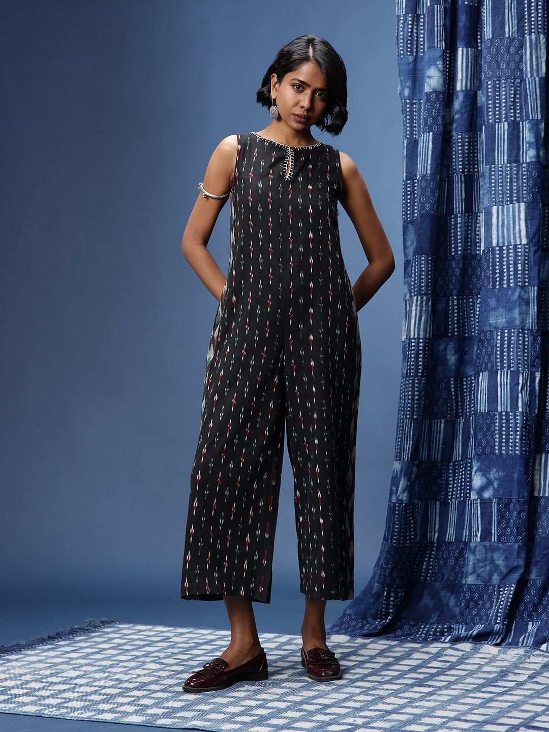 Buy Taavi Pure Cotton Keyhole Neck Ikat Crafted Basic Jumpsuit