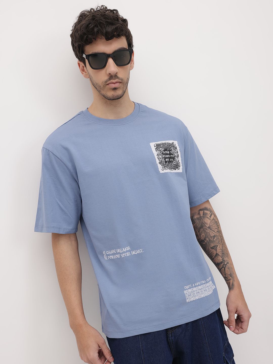 The Roadster Life Co.  Printed Drop-Shoulder Sleeves Relaxed Cotton T-shirt