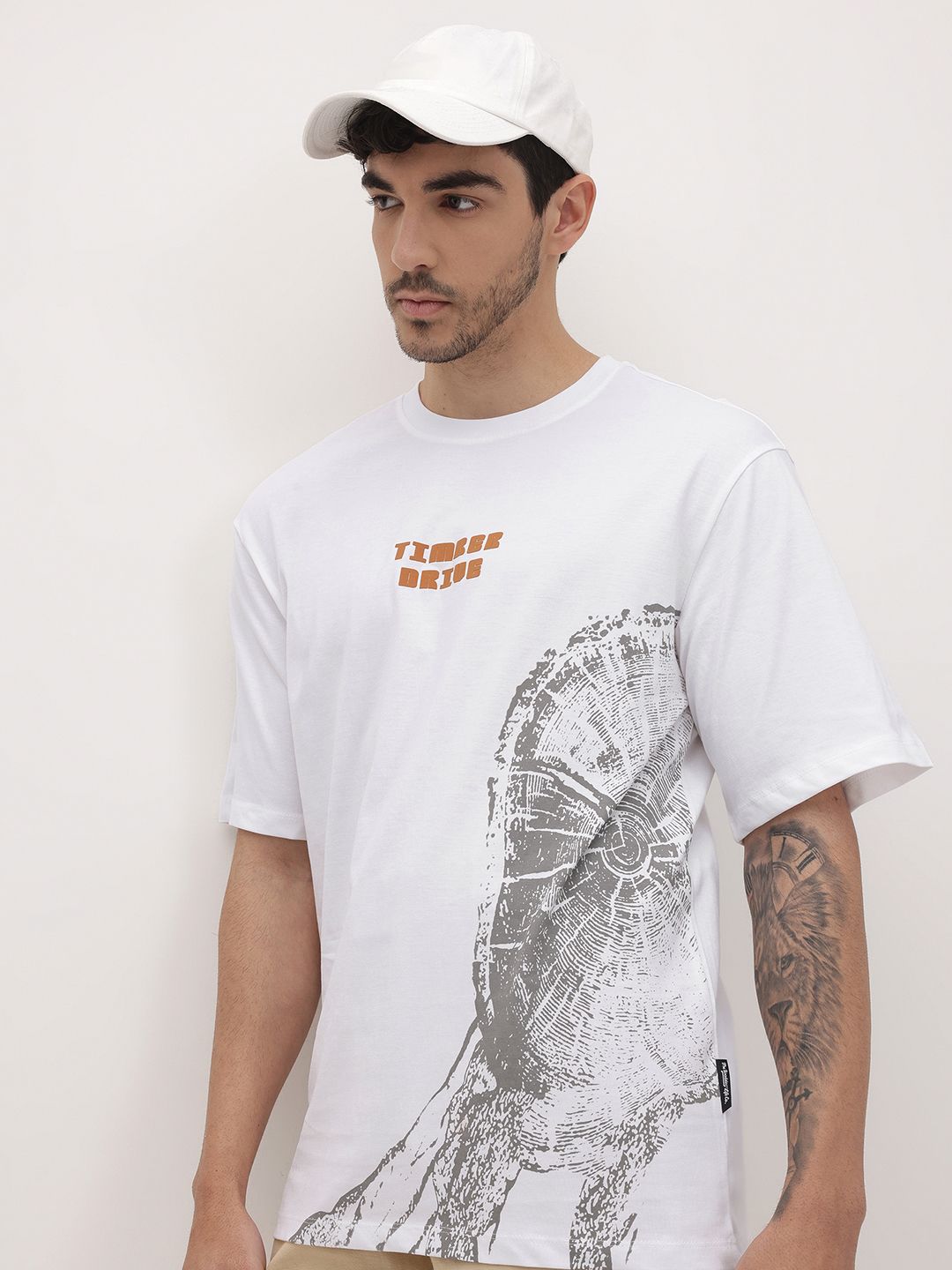 The Roadster Life Co.  Printed Drop-Shoulder Sleeves Relaxed Cotton T-shirt