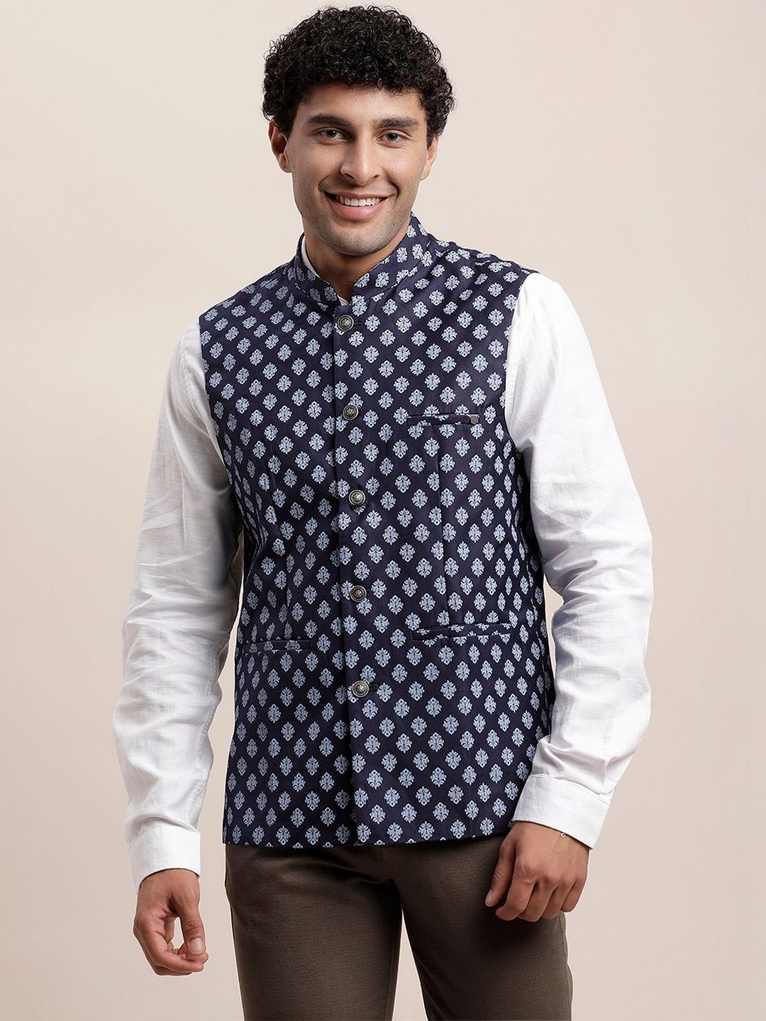 Turtle Printed Mandarian Collar Neck Woven Nehru Jacket