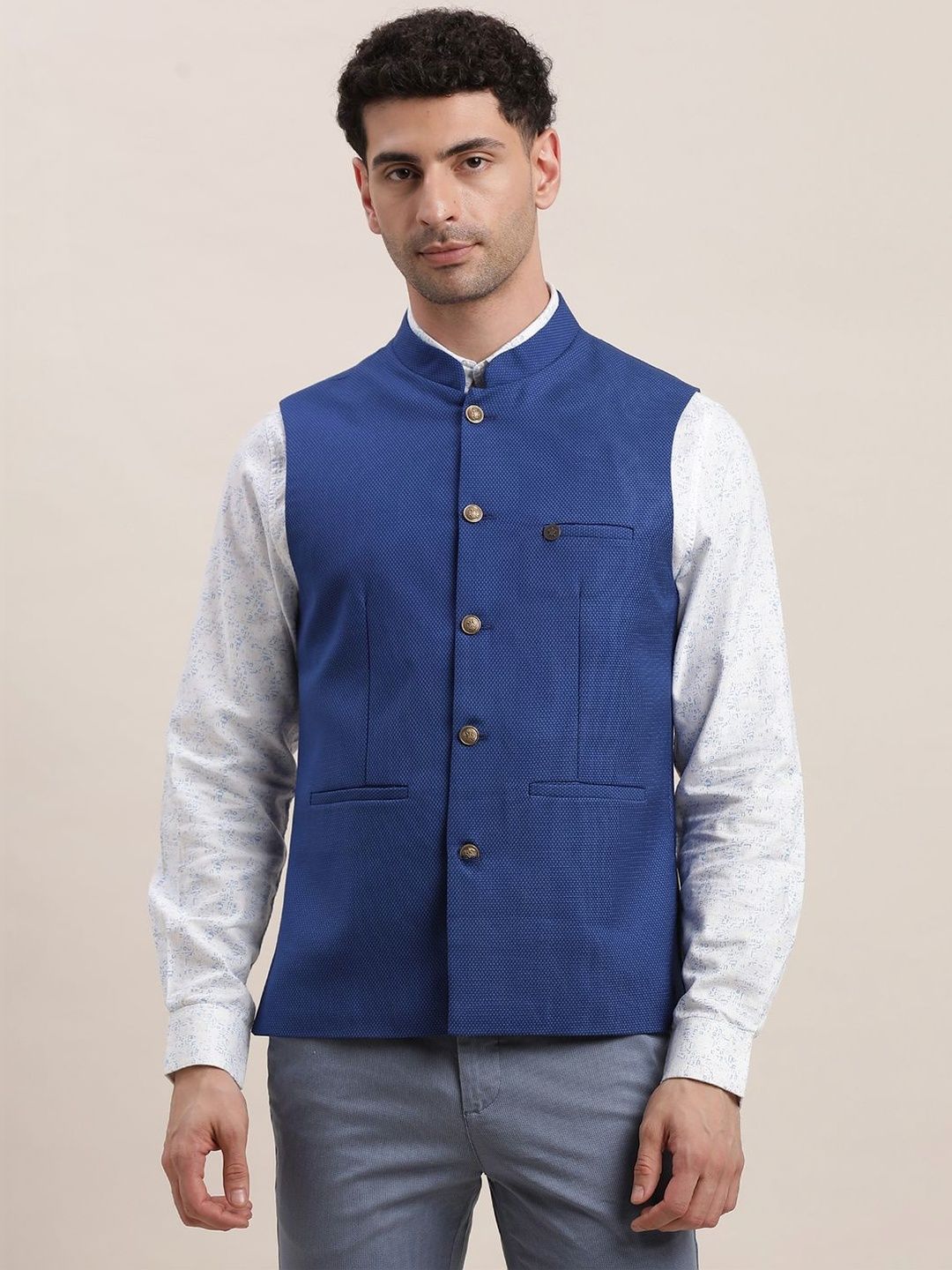 Turtle Woven Design Mandarian Collar Neck Woven Nehru Jacket