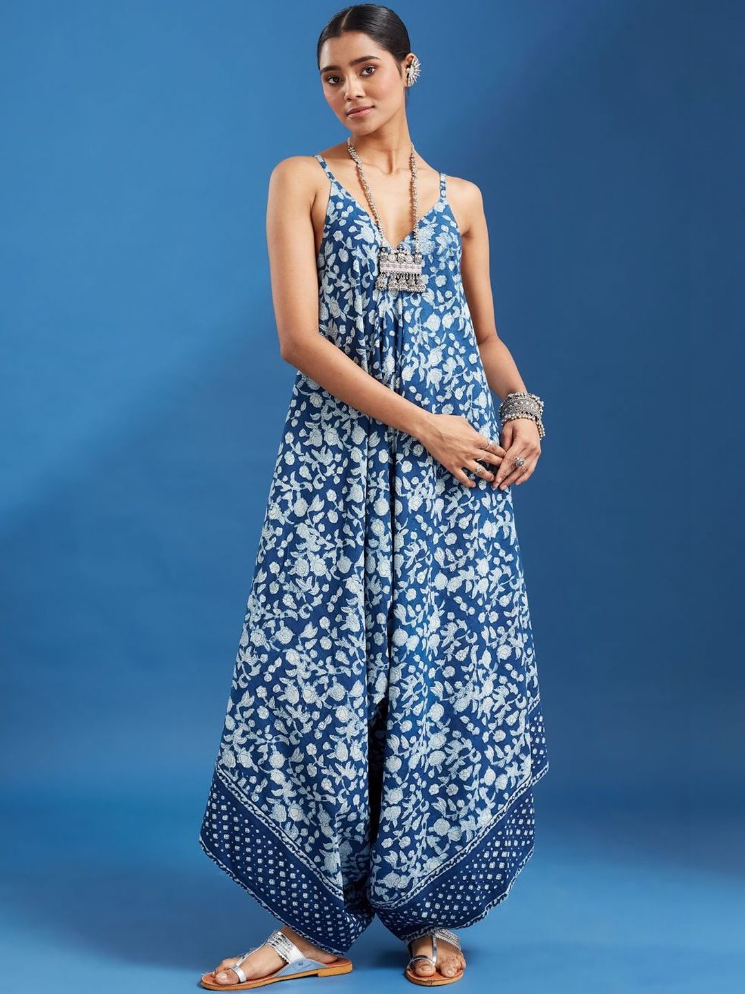 Taavi Pure Cotton Indigo Floral Handblock Printed Shoulder Adjustable Strap Jumpsuit