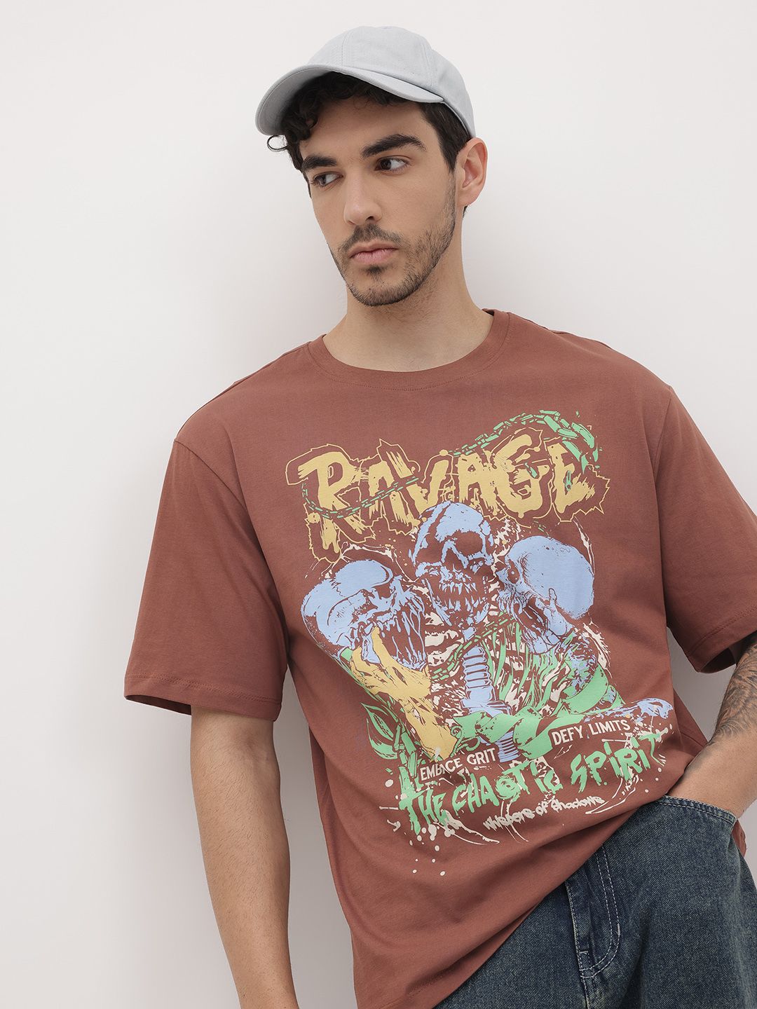The Roadster Life Co. Printed Drop-Shoulder Sleeves Relaxed Cotton T-shirt