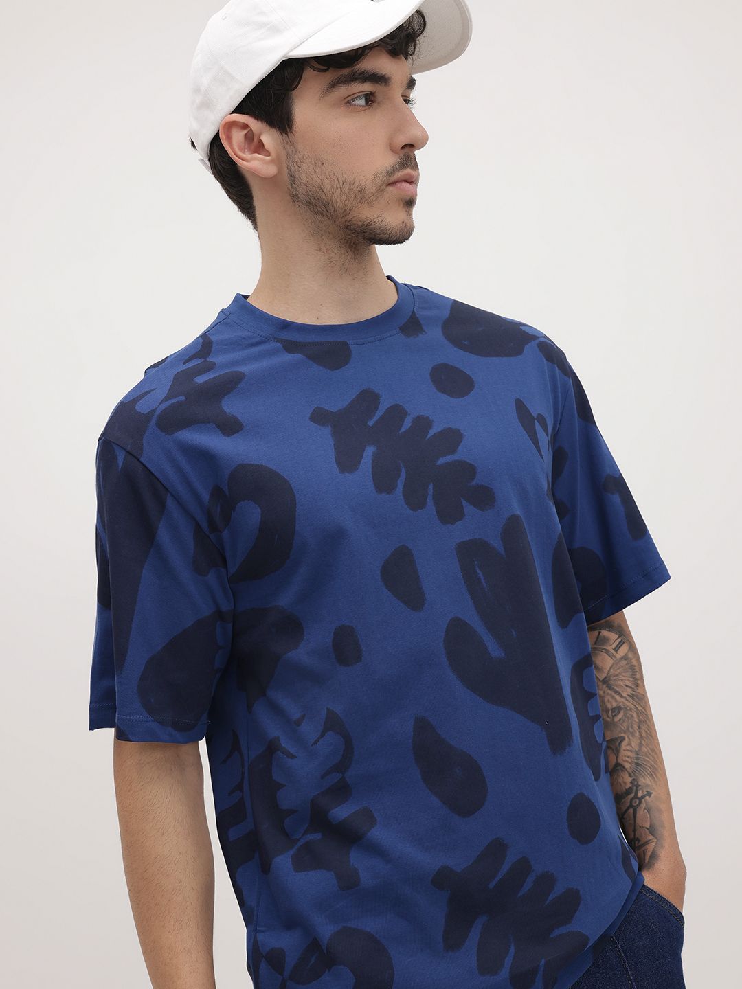 The Roadster Life Co. Abstract Self Design Pure Cotton Relaxed Fit T-shirt