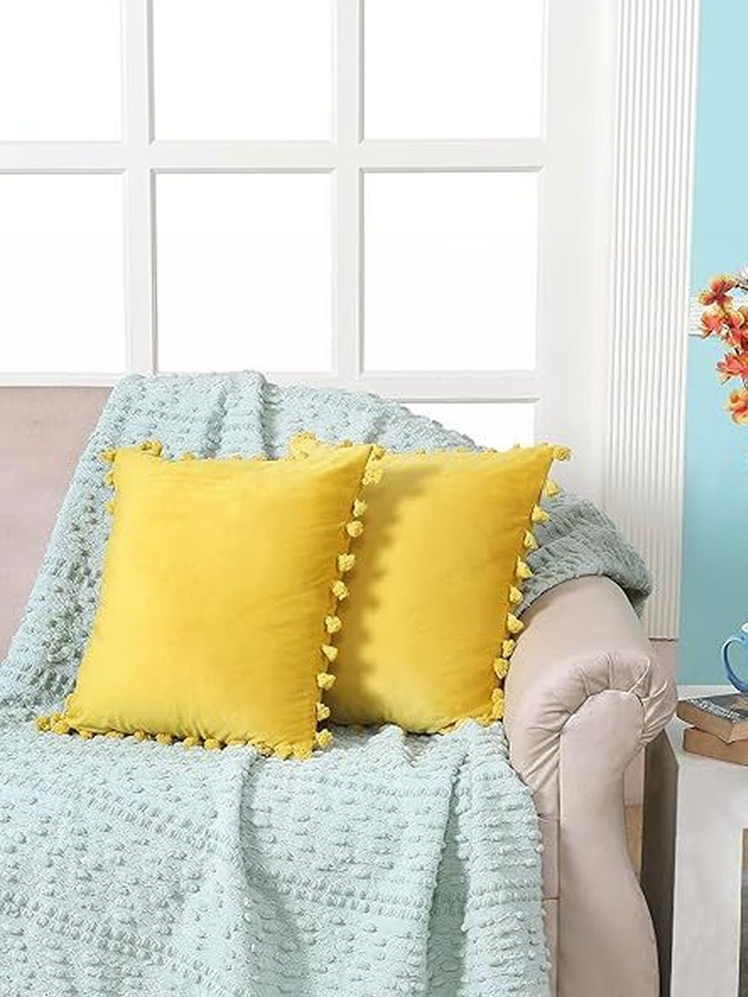 KNOTTING HOME Yellow Set of 2 Velvet Square Cushion Covers