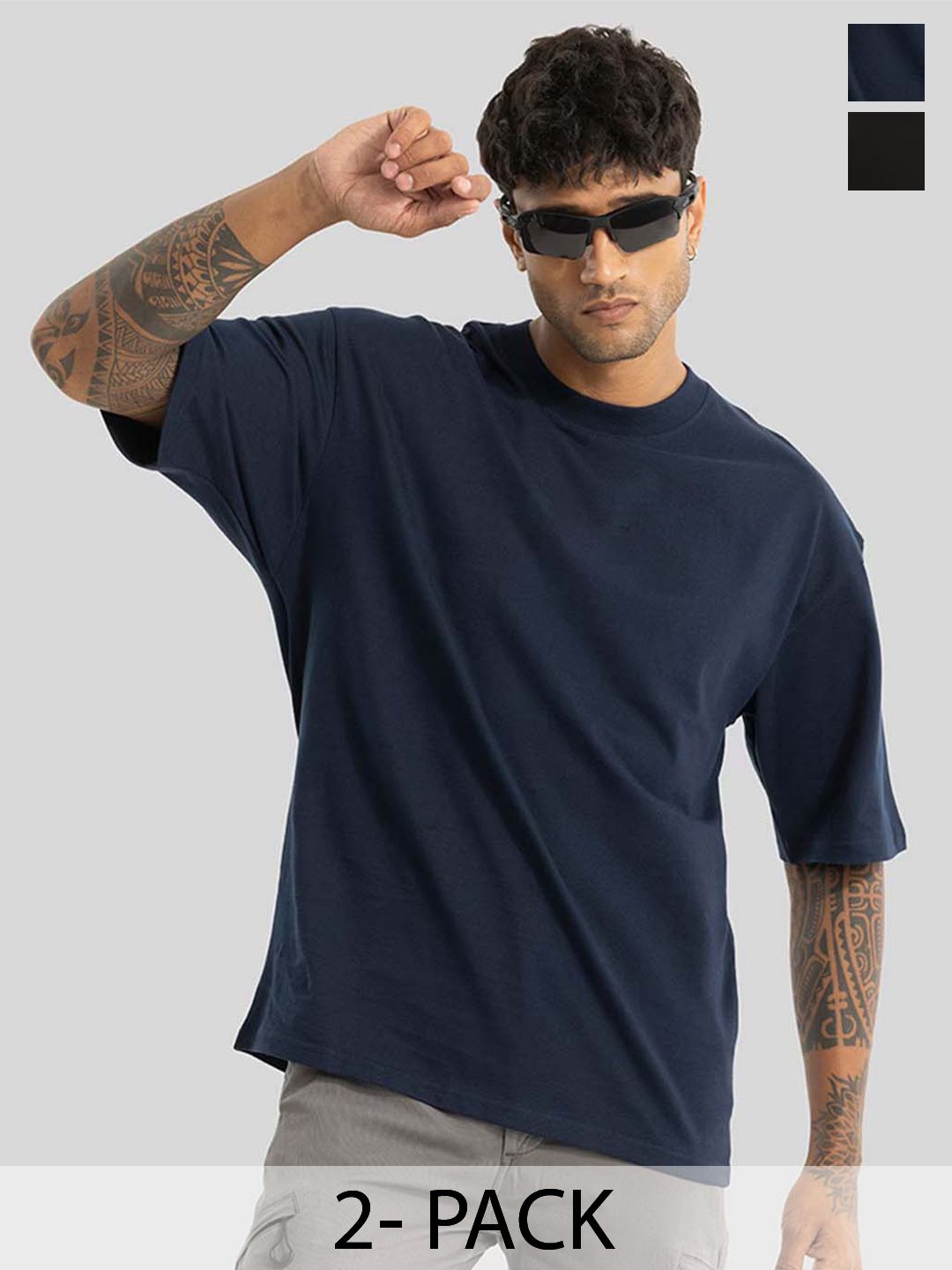 RuledBySun Men's Oversized Black Cotton T-shirt with Drop-Shoulder Sleeves