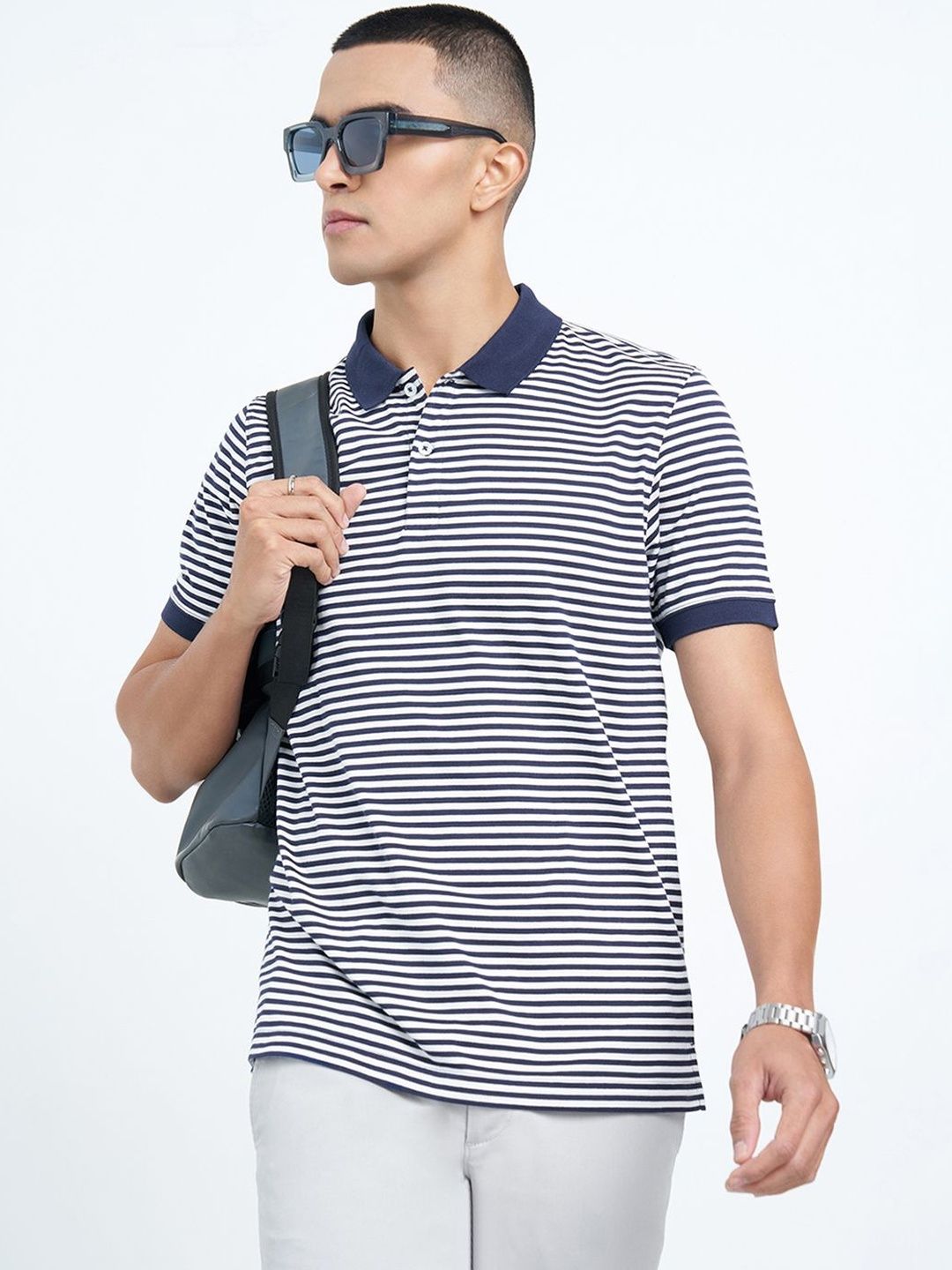 Peregrine by Pantaloons Men Striped Polo Collar Slim Fit T-shirt
