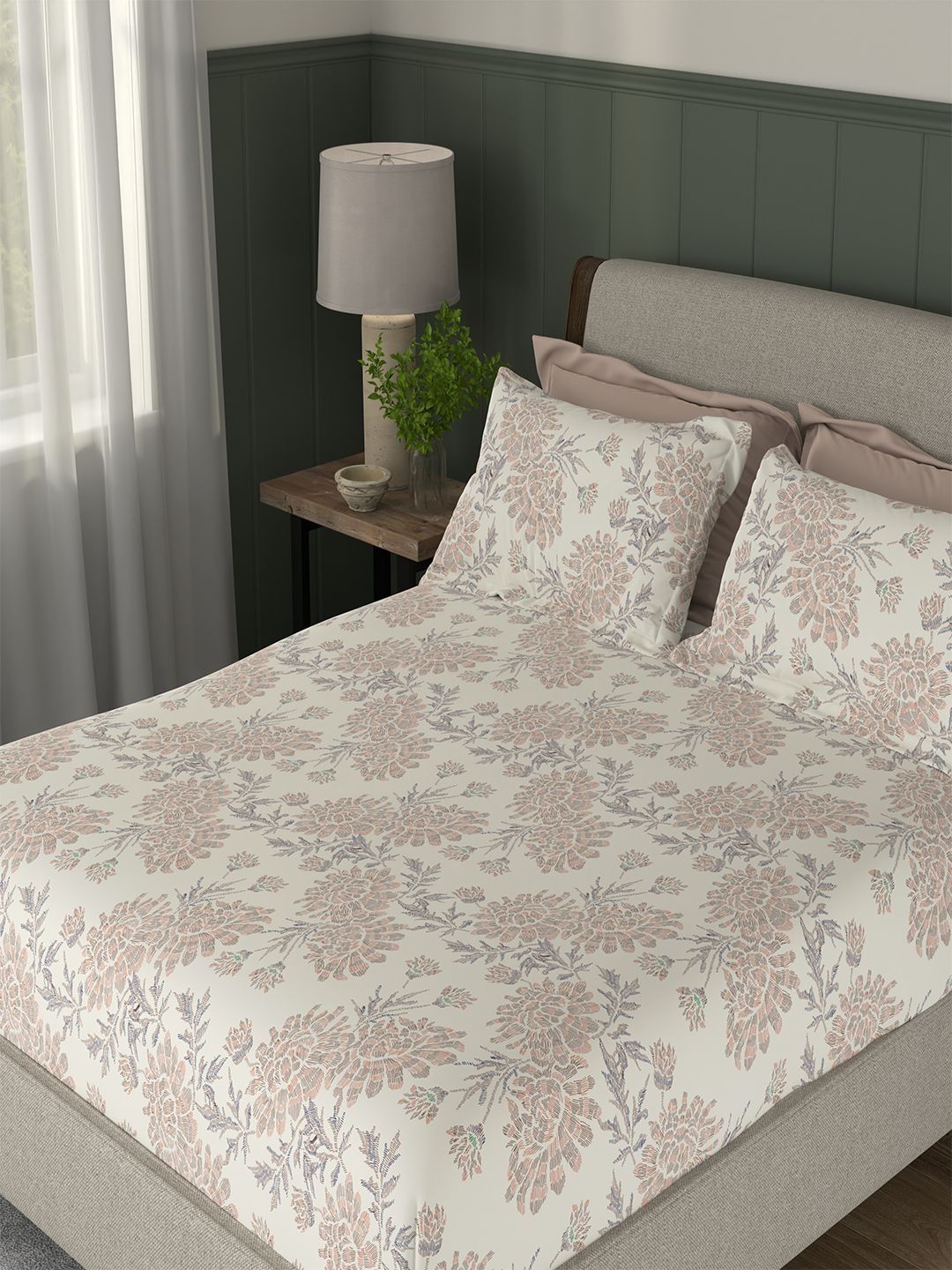 Portico New York Signature Portico New York Signature Off White Floral 104 TC King Bedsheet with 2 Pillow Covers