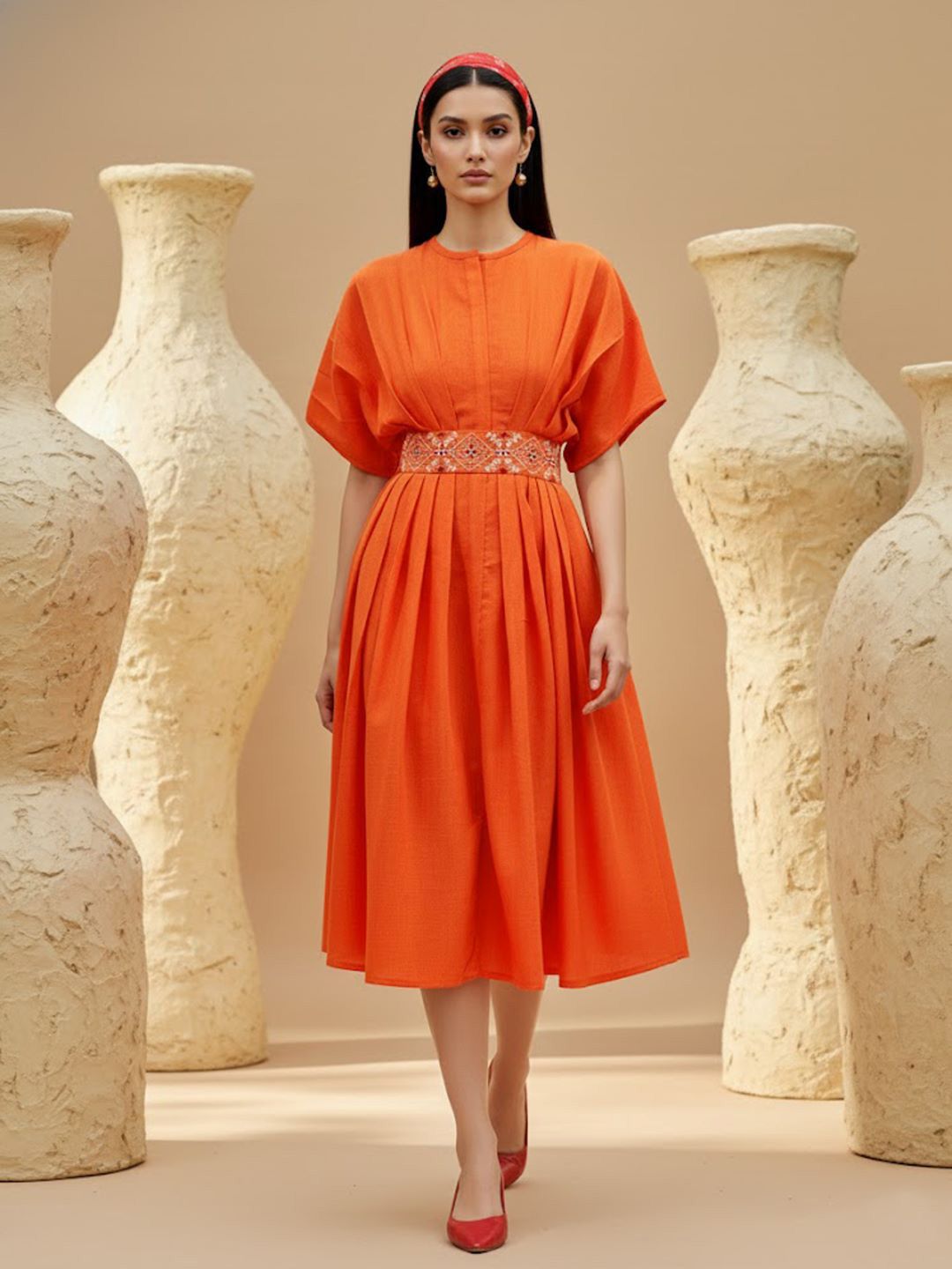 PURVAJA Batwing Sleeve Linen Fit & Flare Dress