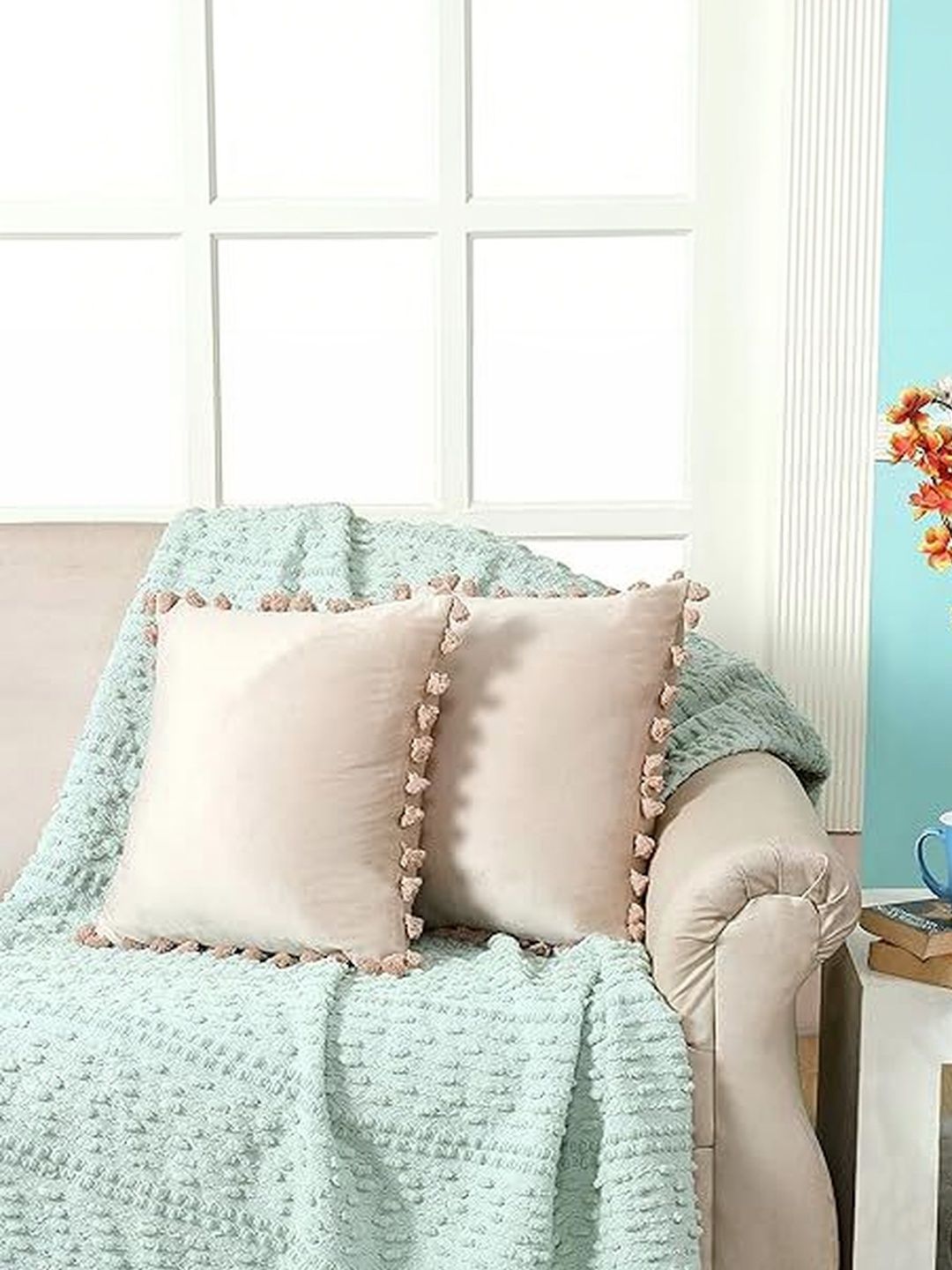 KNOTTING HOME Beige Set of 2 Velvet Square Cushion Covers