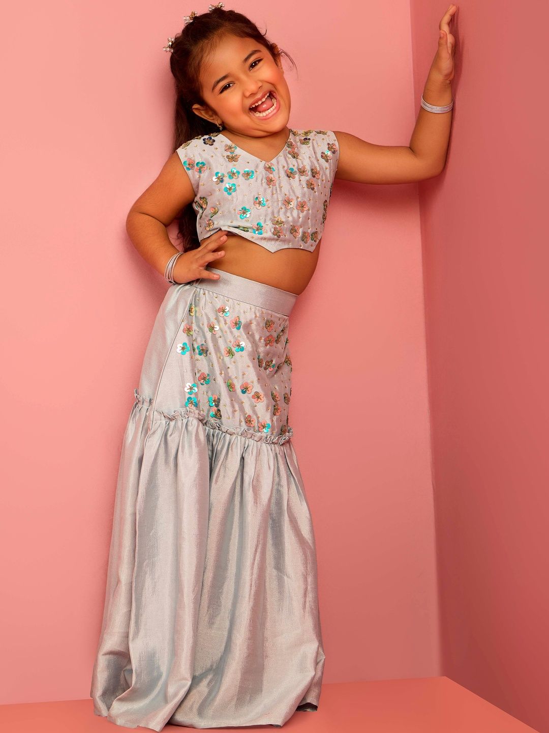 VASTRAMAY Girls Aqua Embellished Sequinned Lehenga Choli Set