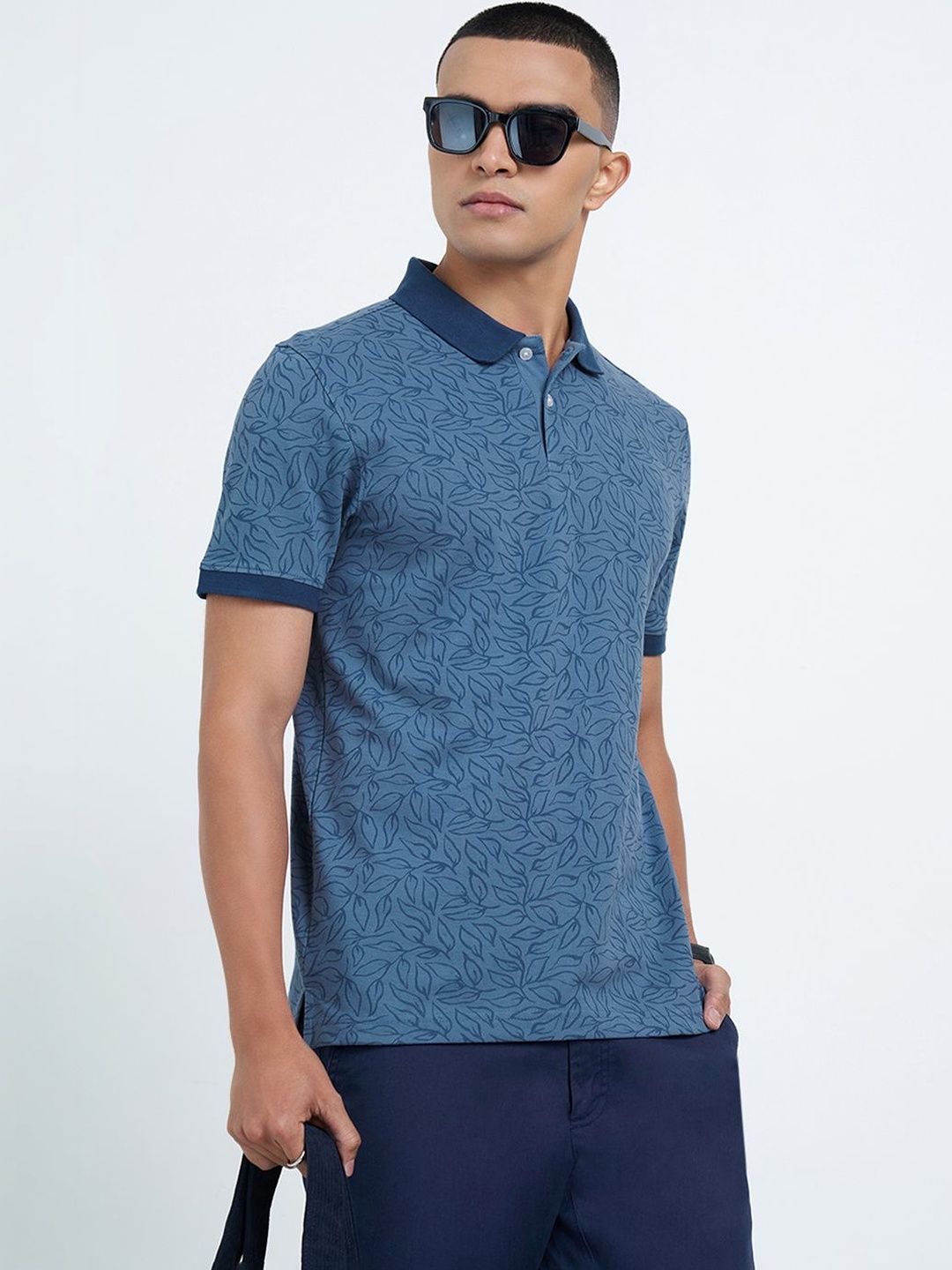 Peregrine by Pantaloons Men Floral Printed Polo Collar Slim Fit T-shirt