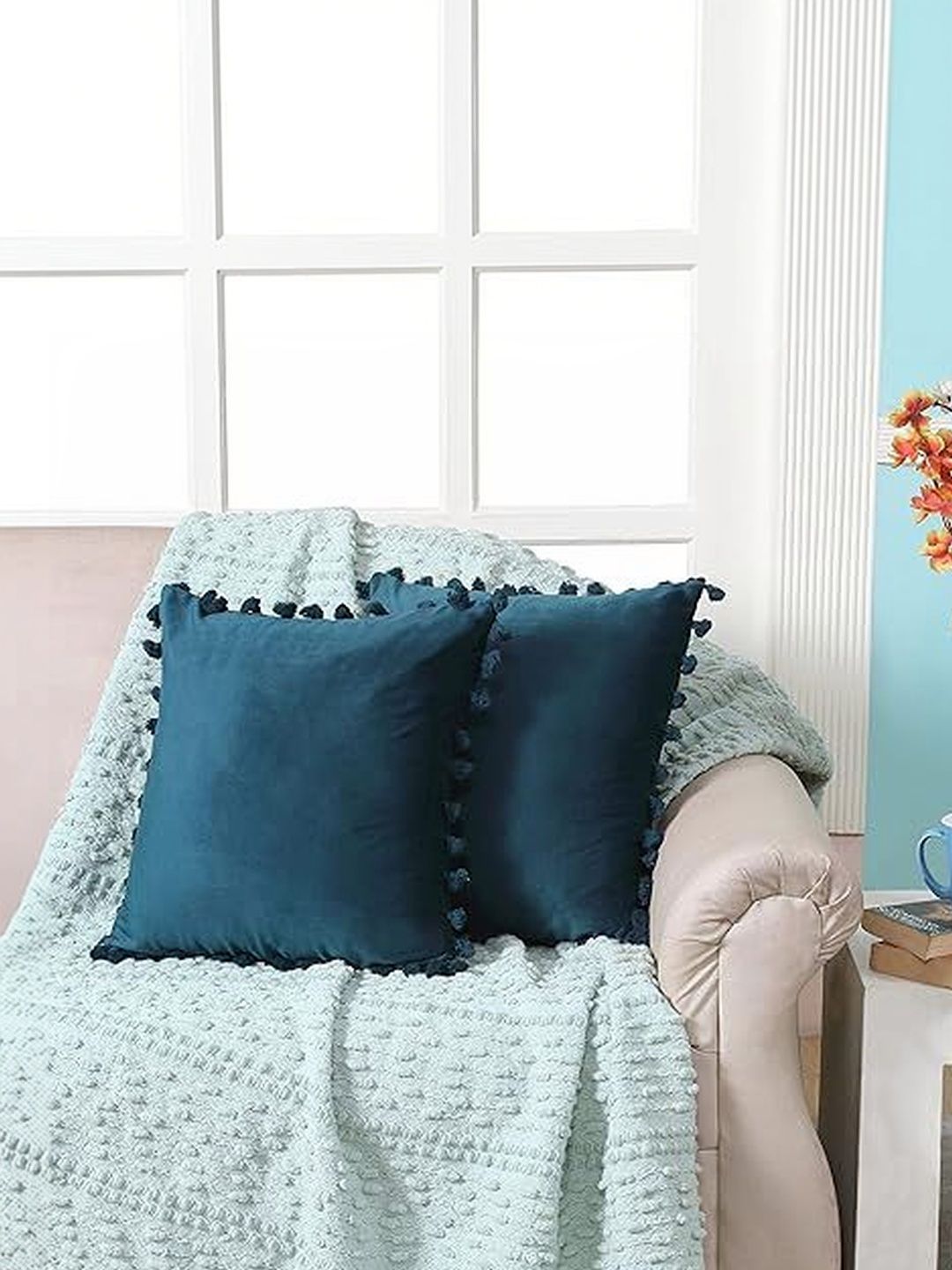 KNOTTING HOME Blue Set of 2 Velvet Square Cushion Covers