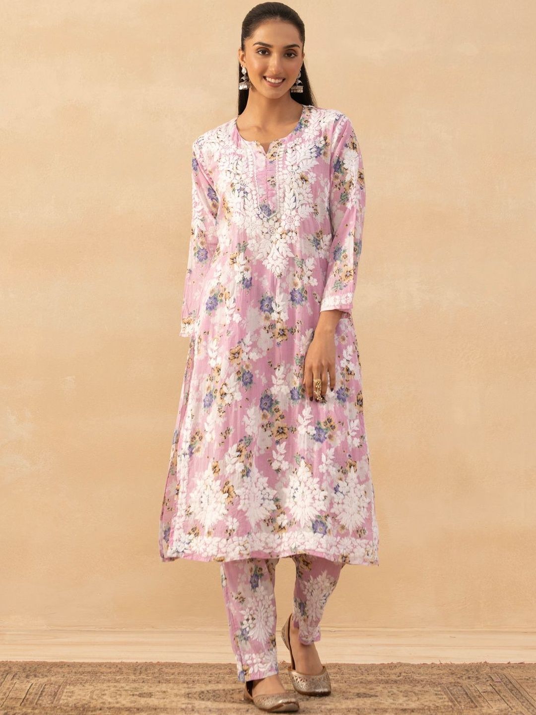 House of Chikankari Women Ethnic Motifs Embroidered Regular Chikankari Kurta with Trousers