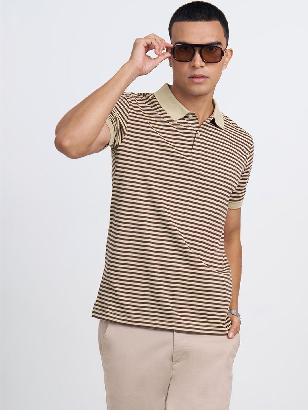 Peregrine by Pantaloons Men Striped Polo Collar Slim Fit T-shirt
