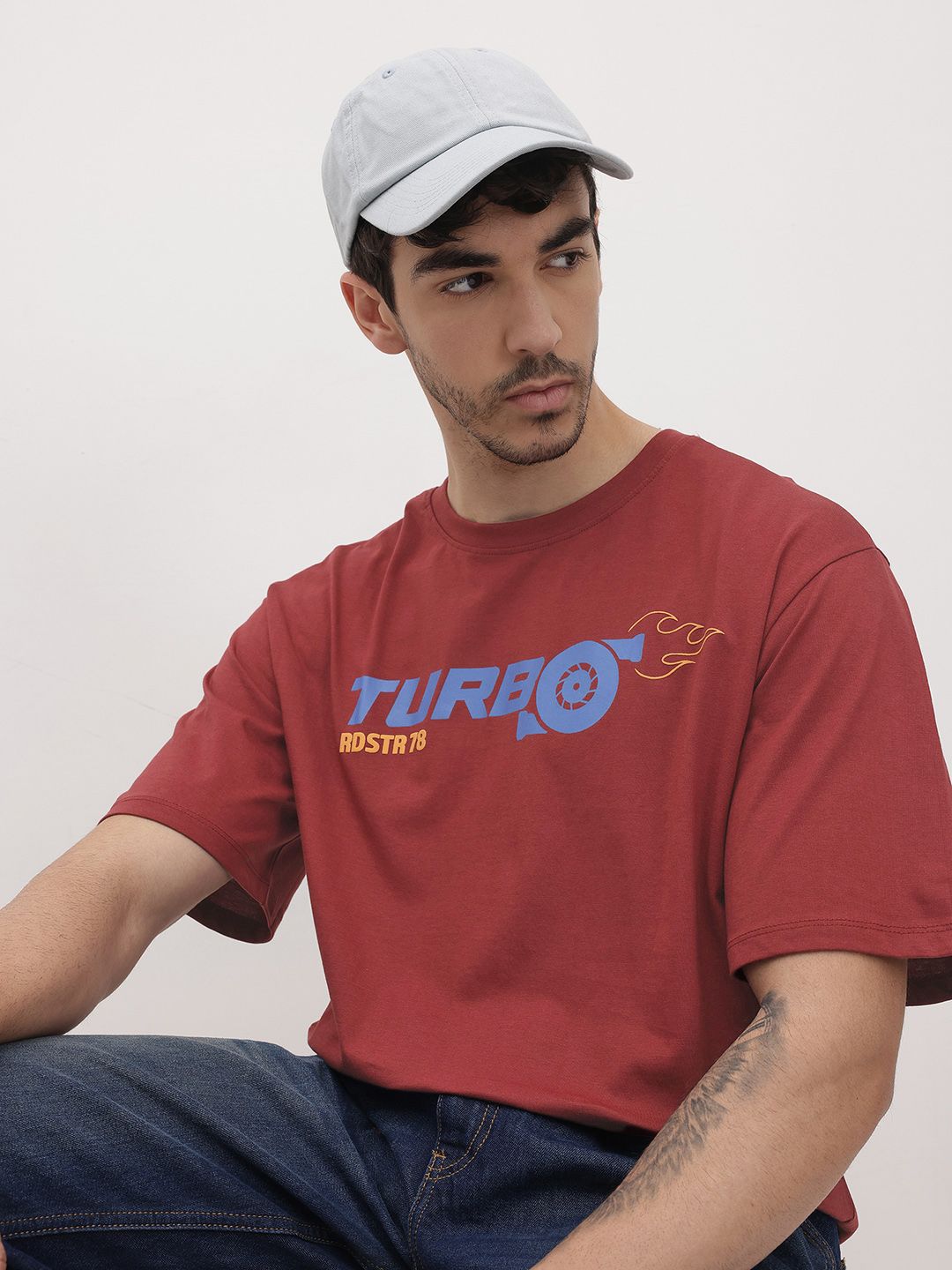 The Roadster Life Co.  Printed Drop-Shoulder Sleeves Relaxed Cotton T-shirt