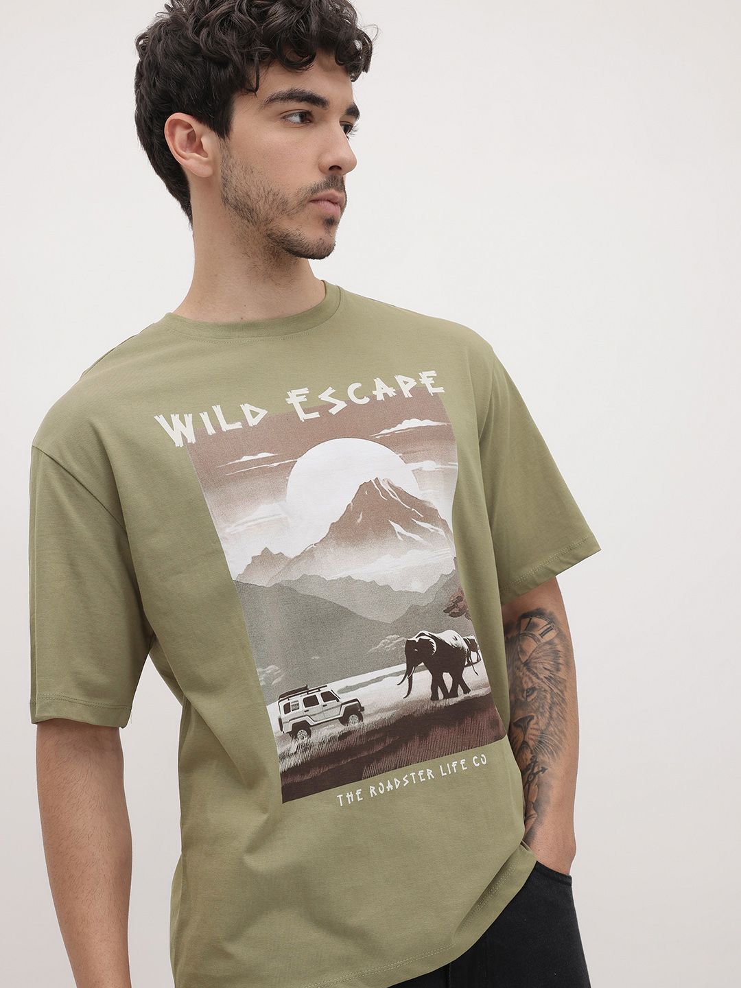 The Roadster Life Co.  Printed Drop-Shoulder Sleeves Relaxed Cotton T-shirt