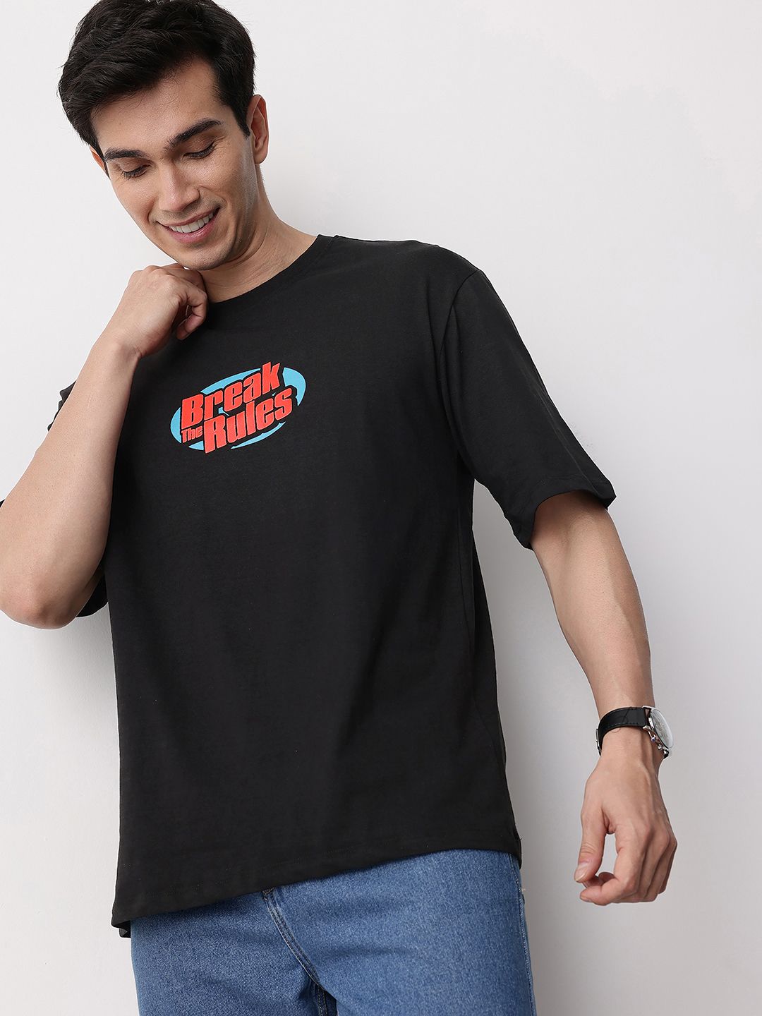 Mast & Harbour Typography Printed Drop-Shoulder Sleeves Pure Cotton T-shirt