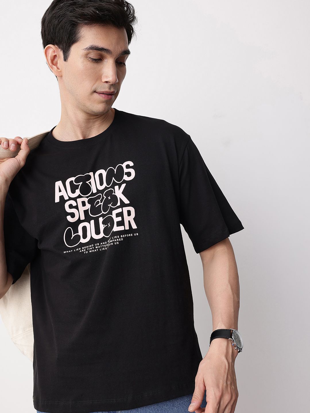 Mast & Harbour Typography Printed Drop-Shoulder Sleeves Pure Cotton T-shirt