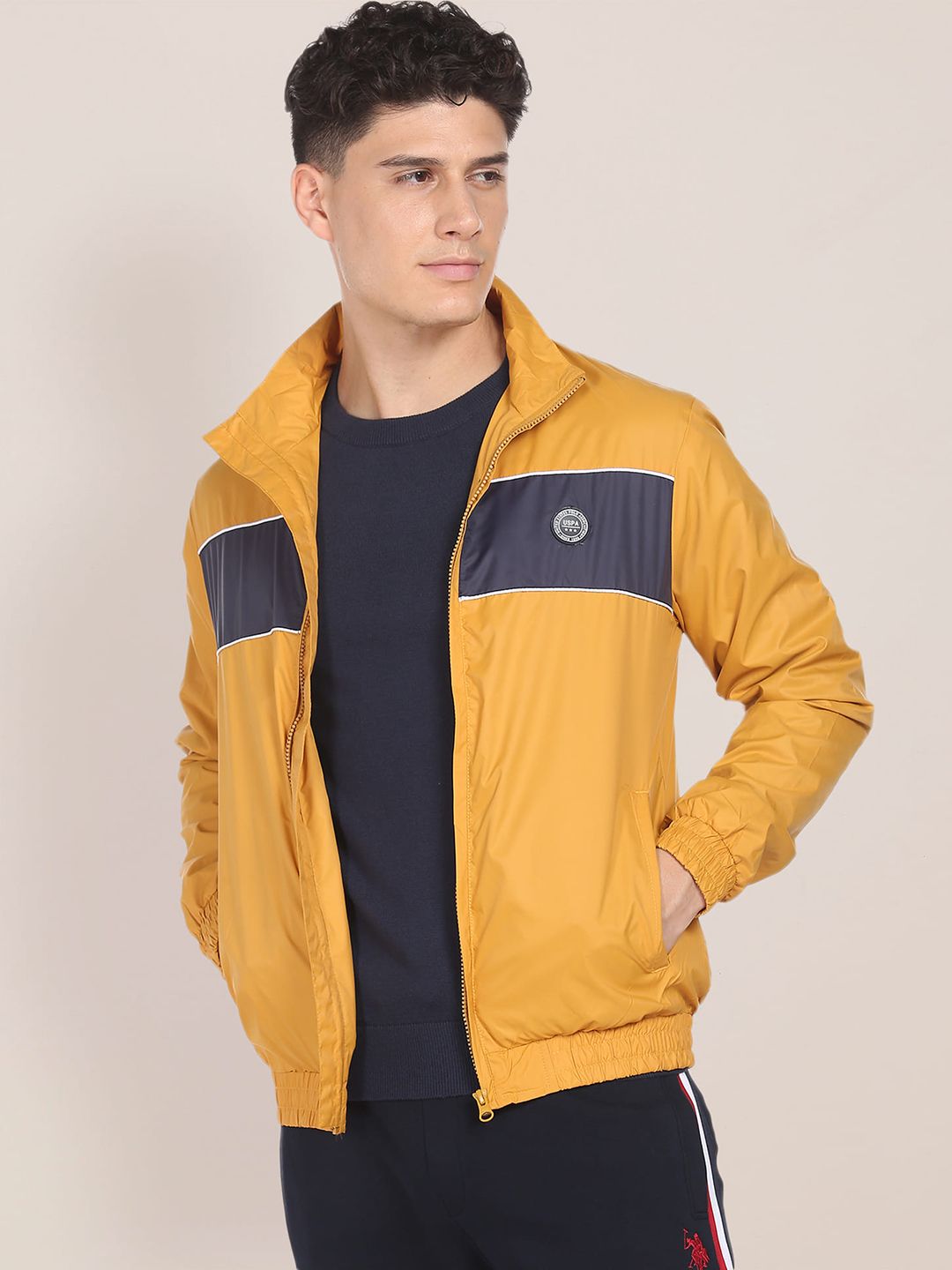 U.S. Polo Assn. U.S. Polo Assn. Men Mustard & Grey Colourblocked Lightweight Bomber Jacket