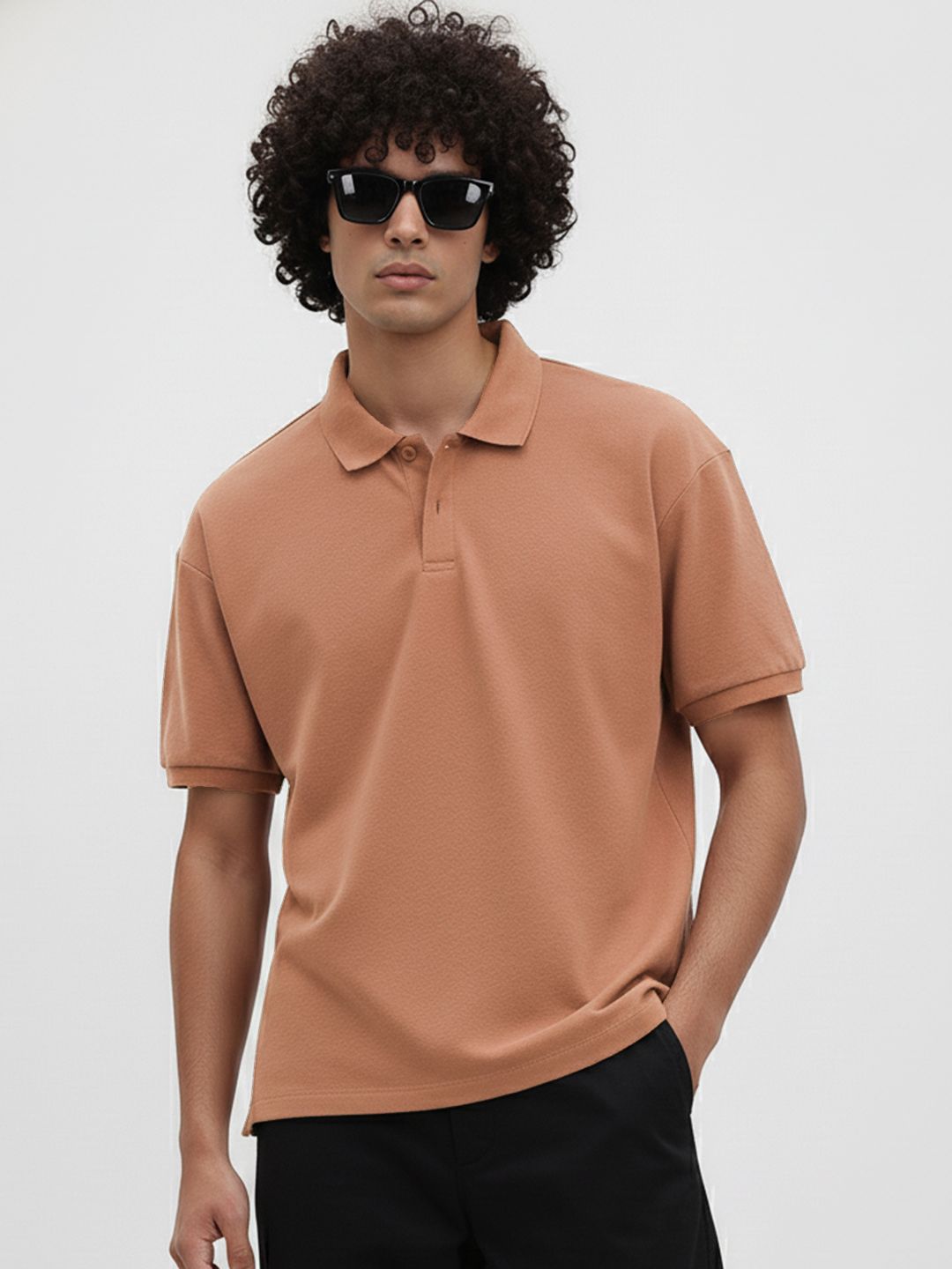 The Roadster Life Co. Geometric Self Design Polo Collar Oversized T-shirt