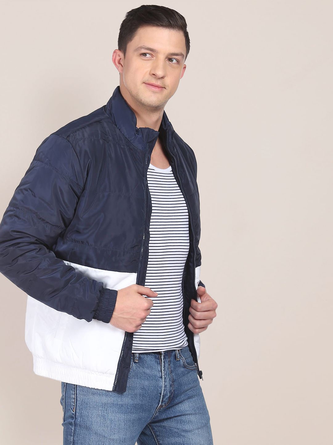 U.S. Polo Assn. U S Polo Assn Men Navy Blue And White Colourblocked Puffer Jacket