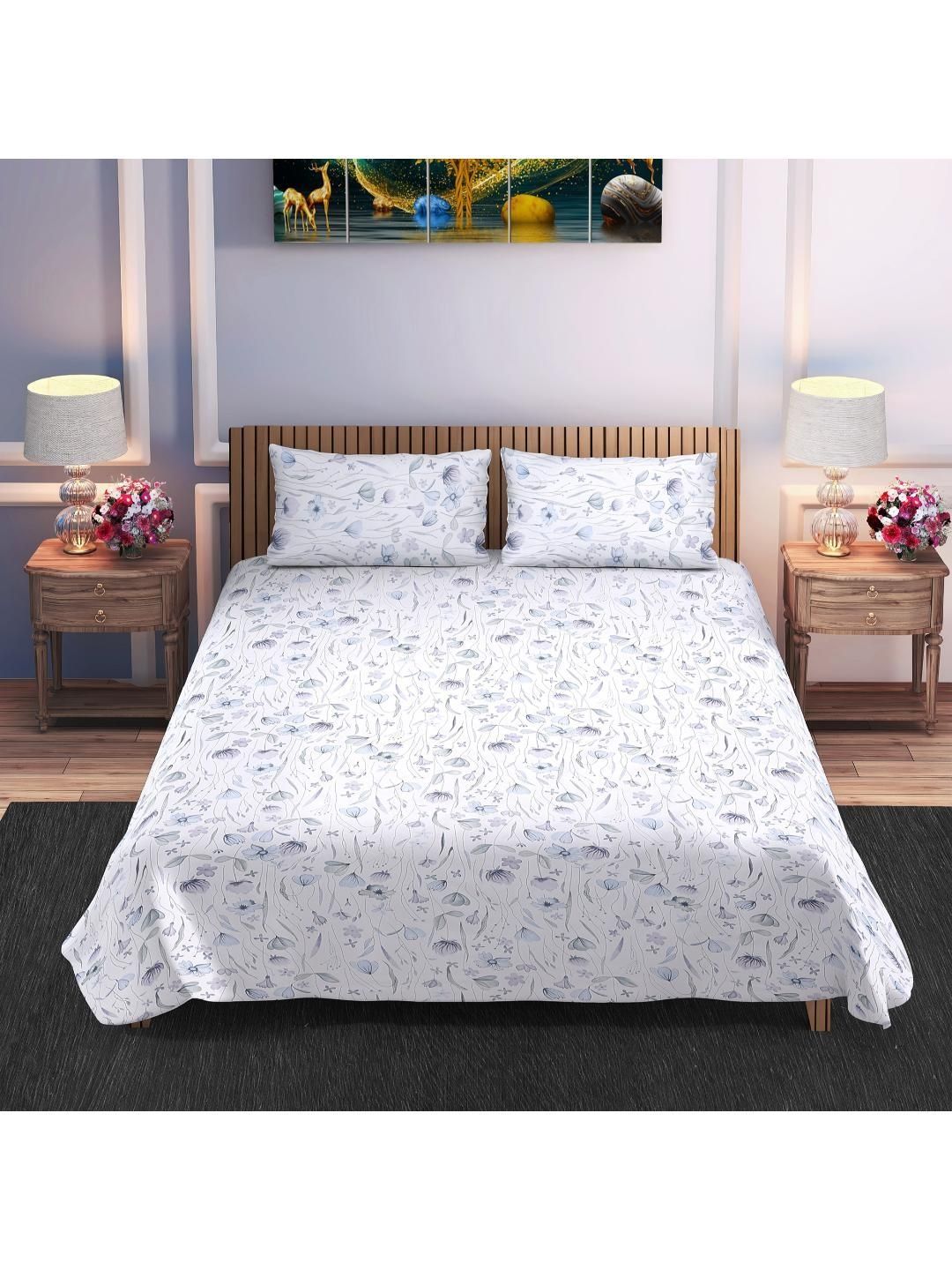 Furnish Factory White Floral 400 TC Bedsheet with 2 Pillow Covers