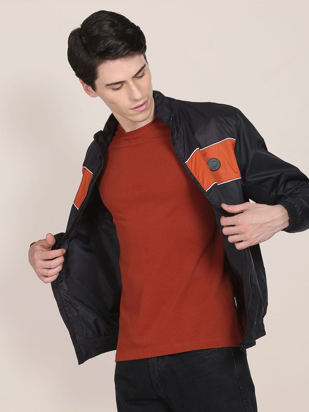 U.S. Polo Assn. Men Black & Rust Colourblocked Lightweight Bomber Jacket