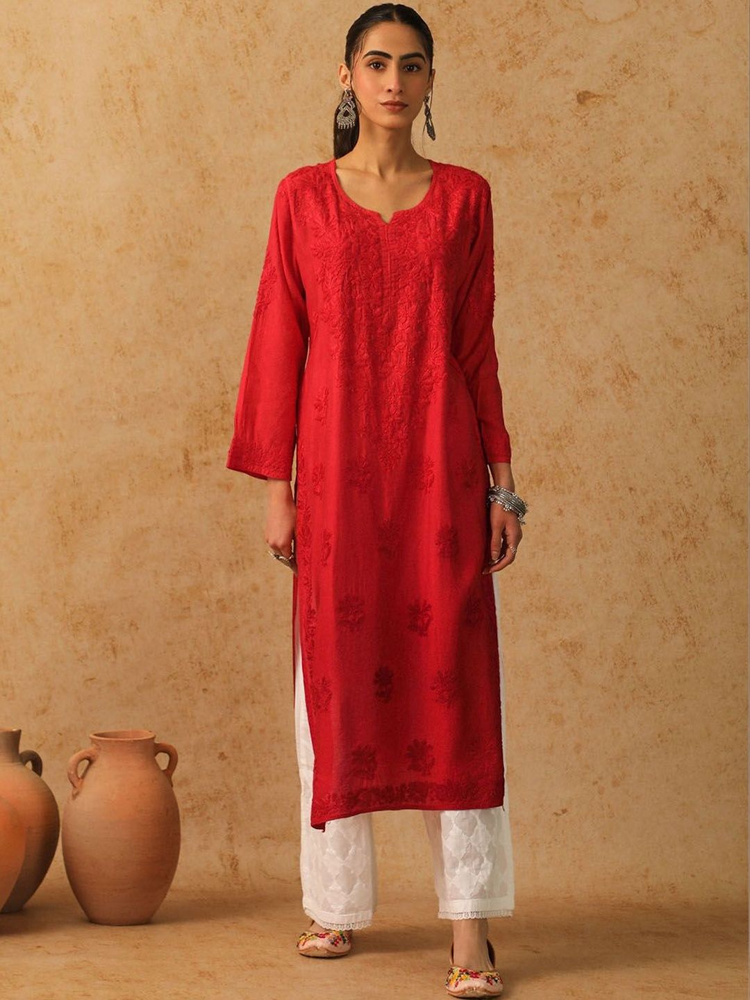 Women Embroidered Chanderi Silk Kurta House of Chikankari Women Embroidered Chikankari Chanderi Silk Kurta