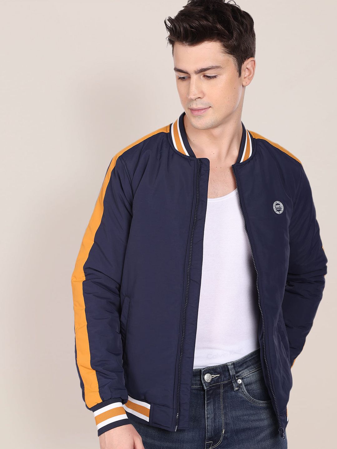 U.S. Polo Assn. U S Polo Assn Men Navy Blue Solid Stand-Collar Bomber Jacket With Side Stripes