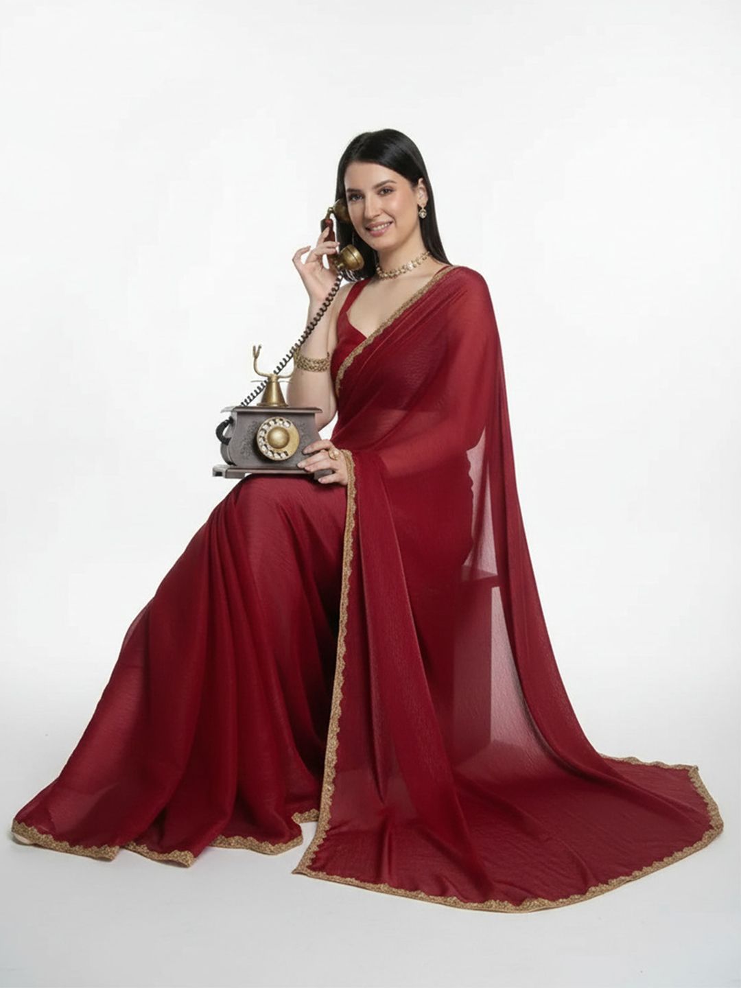 VRAGI Beads and Stones Pure Chiffon Ready to Wear Saree