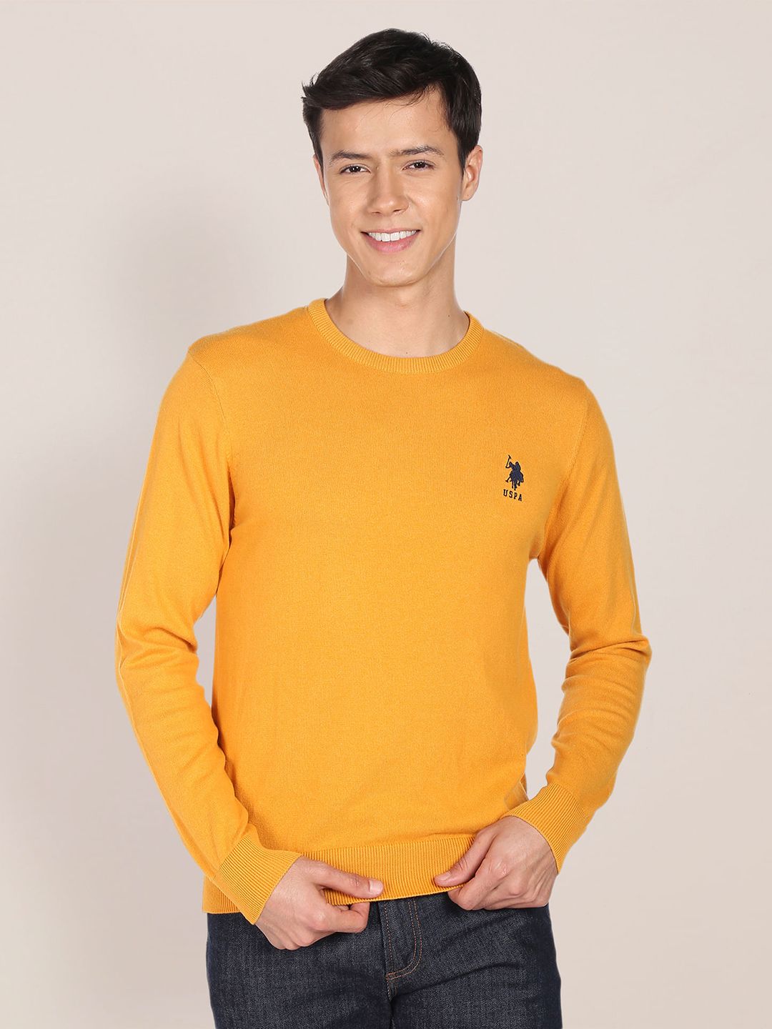 U S Polo Assn Men Mustard Long Sleeves Pullover with Embroidered Detail