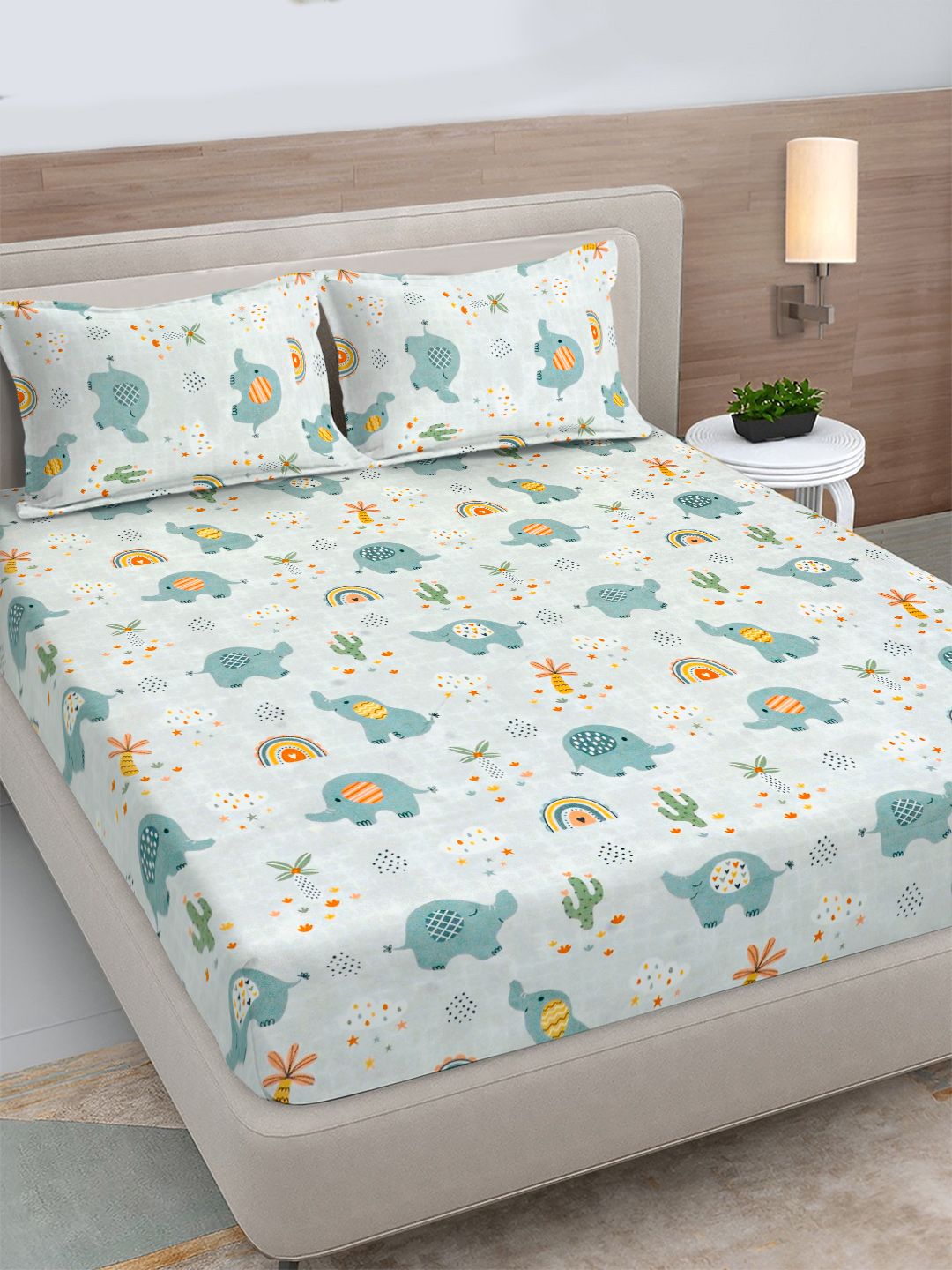 FABINALIV FABINALIV Off White Cartoon Print 300 TC King Bedsheet with 2 Pillow Covers