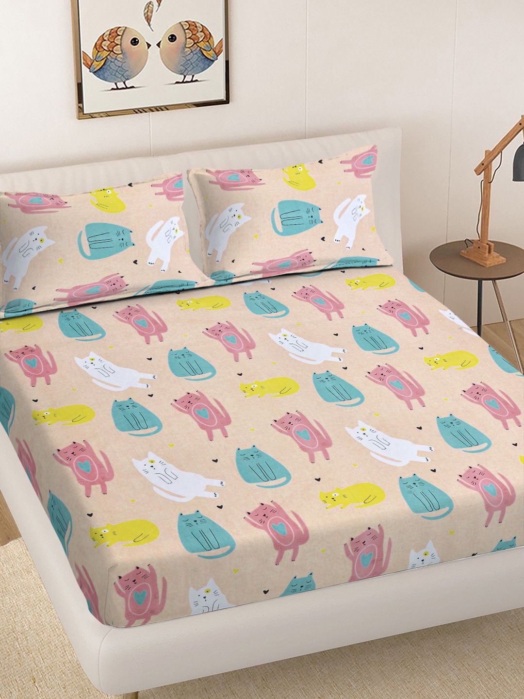 FABINALIV Beige Cartoon Print Polycotton Bedsheet with 2 Pillow Covers