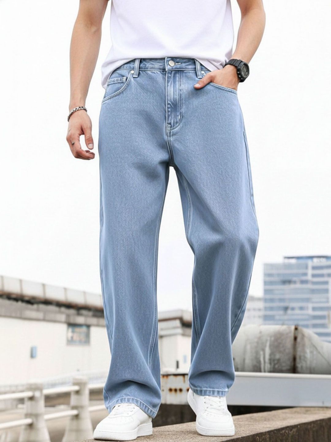 AUSK Men Wide Leg Mid-Rise Light Shade Jeans