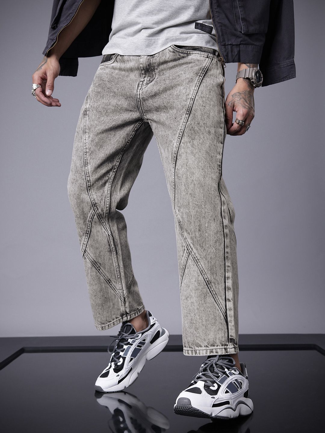 SOKO STREET Men Pure Cotton Relaxed Fit Panelled Heavy Fade Jeans