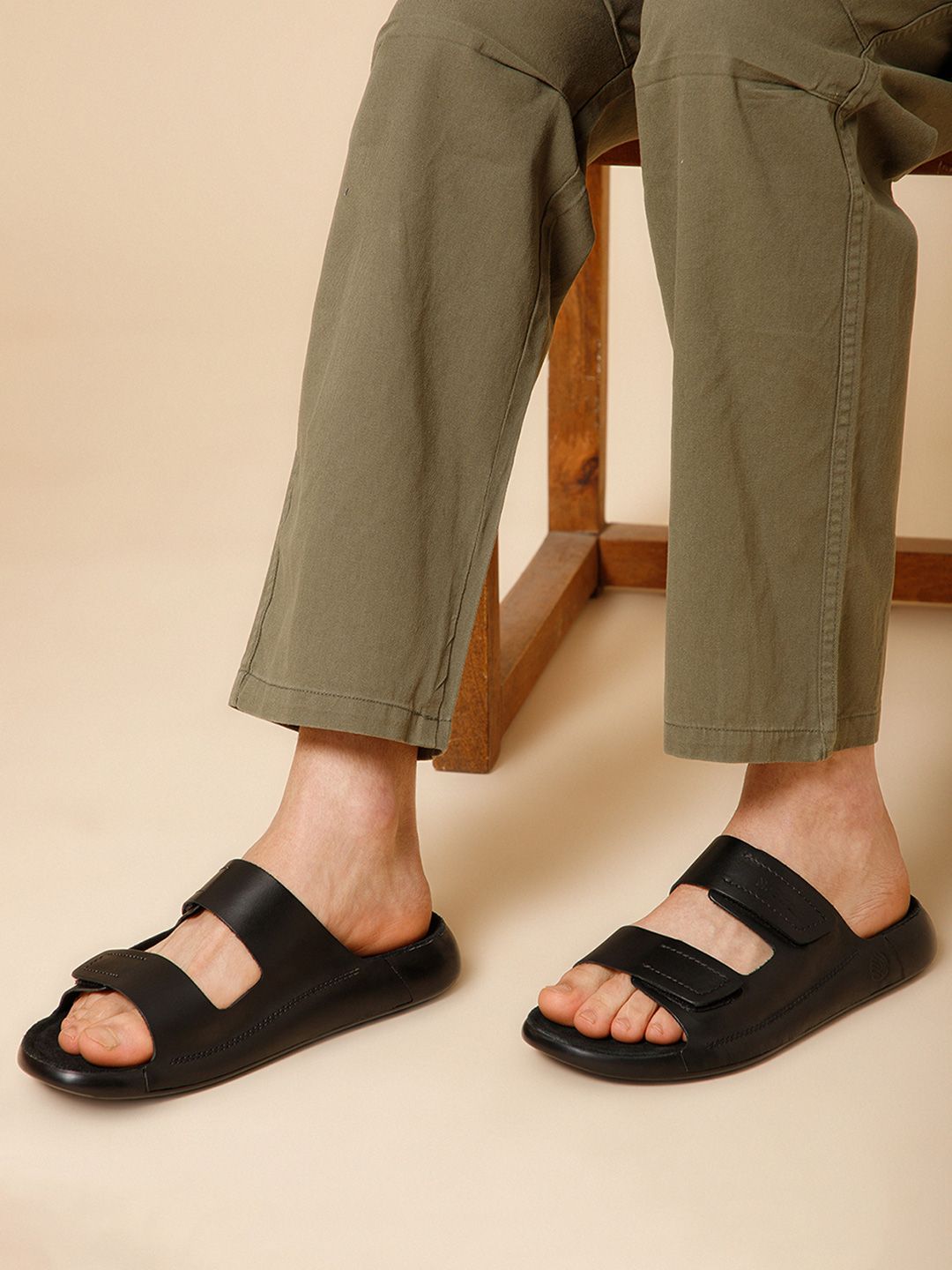 NoStrain Parallel Leather Sandals for men in Jet Black color.