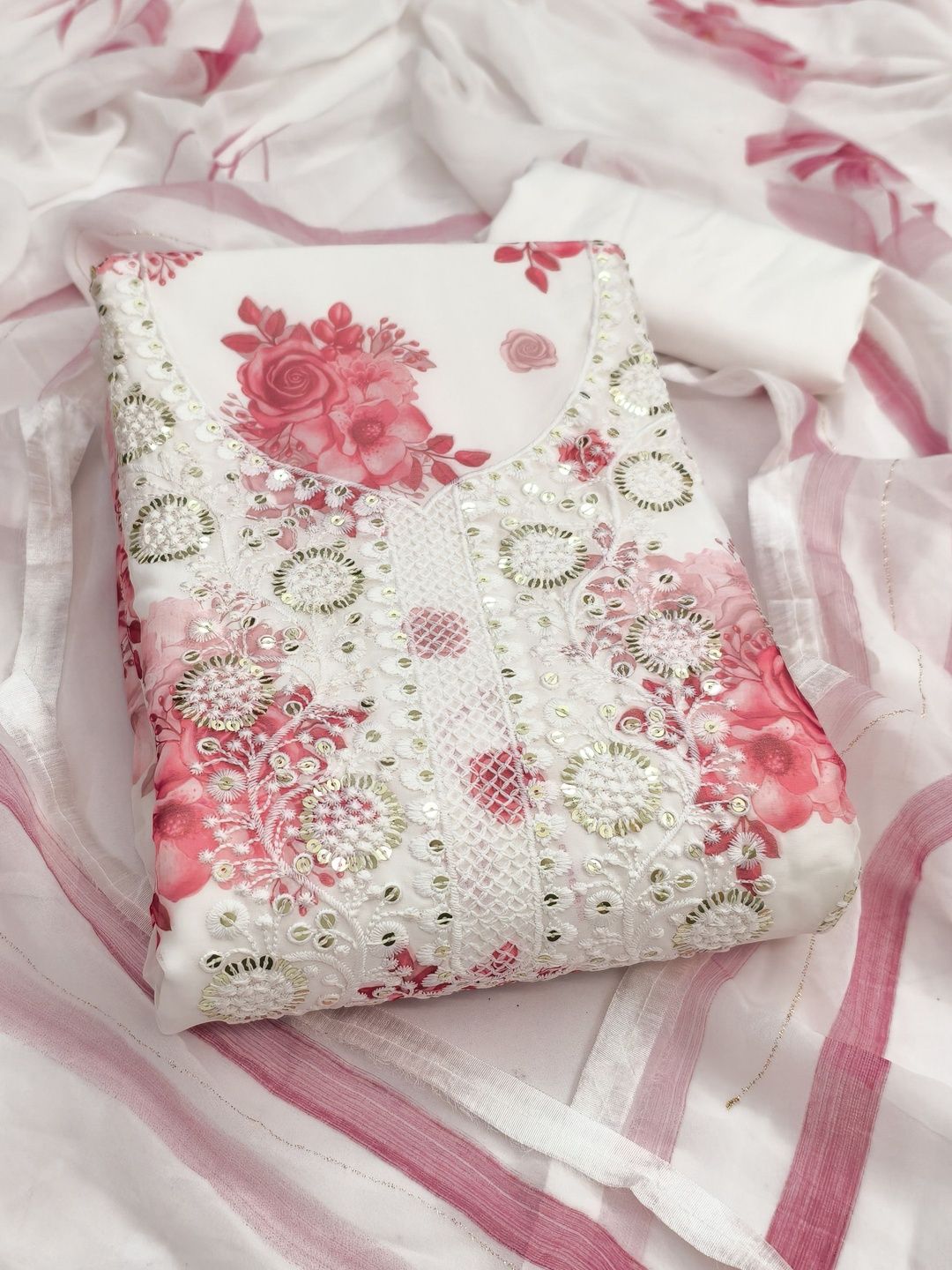HERE&NOW Embroidered Silk Georgette Unstitched Dress Material