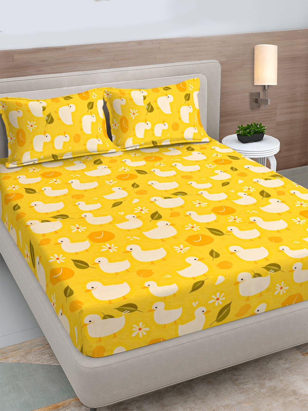 FABINALIV Yellow Cartoon Print Polycotton 300 TC King Fitted Bedsheet with 2 Pillow Covers FABINALIV