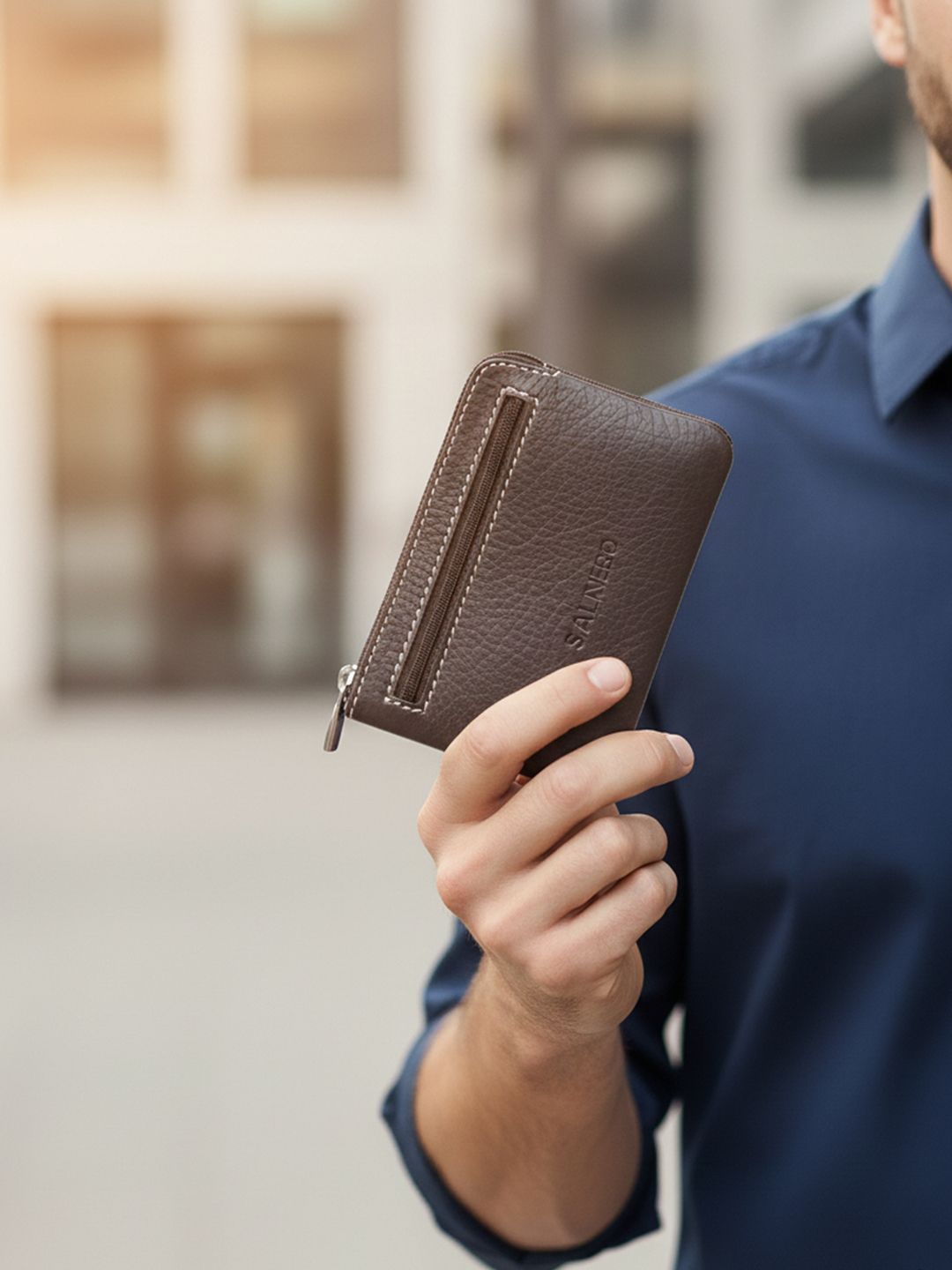 CALFNERO Unisex Coffee Brown Solid Leather Zip Around Wallet