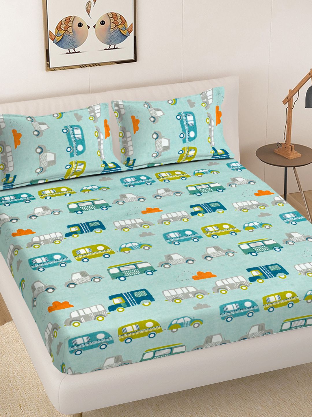 FABINALIV Turquoise Blue Cartoon Print 300 TC King Bedsheet with 2 Pillow Covers