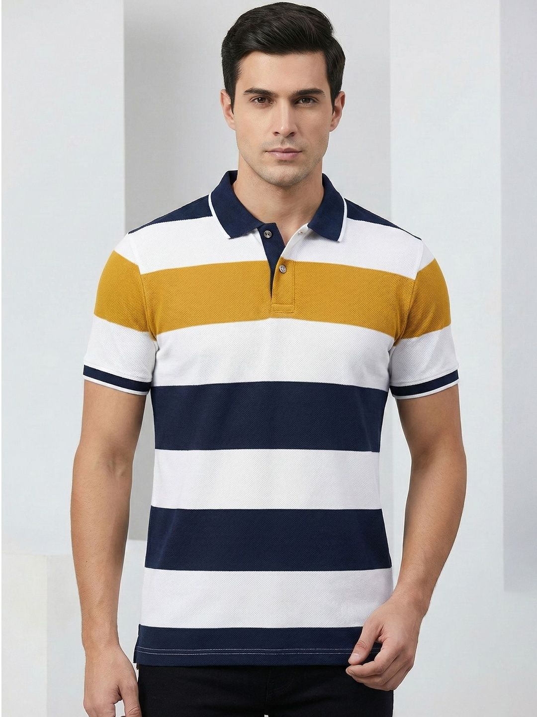 INDISSH Men Striped Polo Collar T-shirt