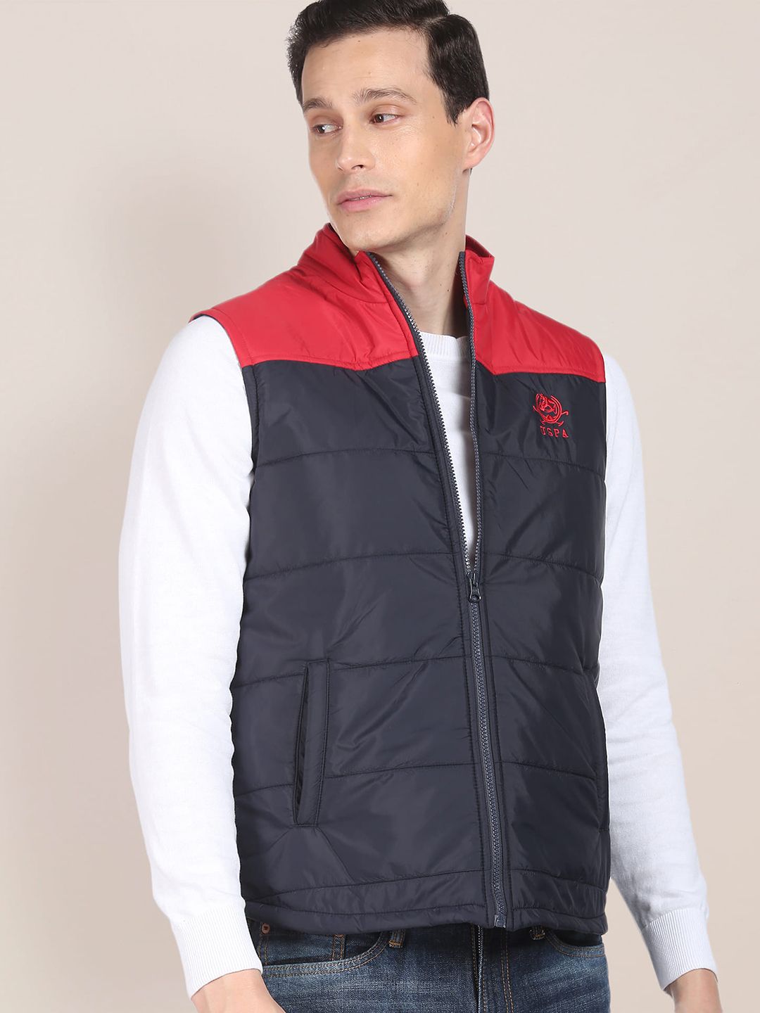 U.S. Polo Assn. Men Navy Blue Red Colourblocked Padded Jacket
