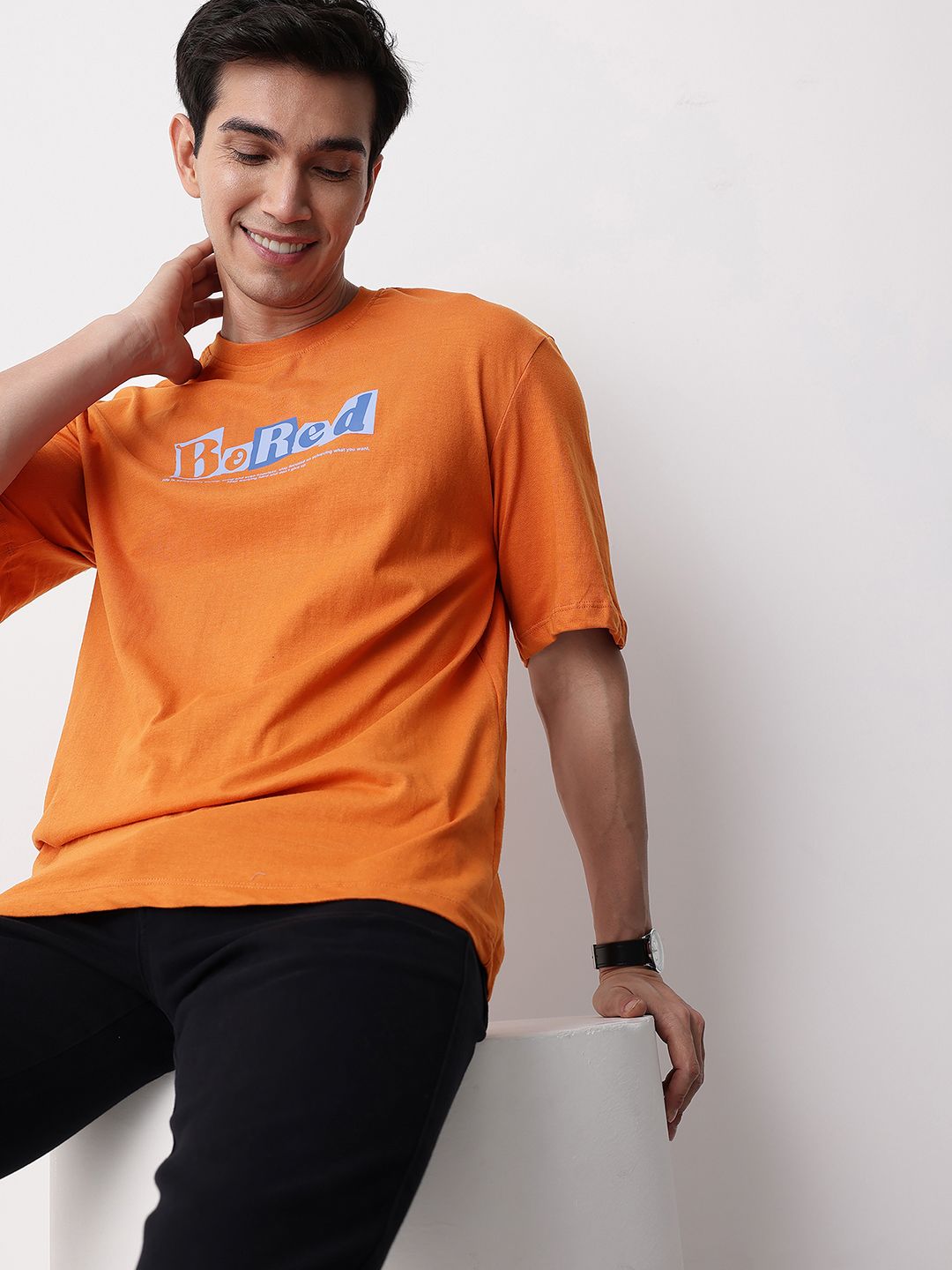 Mast & Harbour Typography Printed Drop-Shoulder Sleeves Pure Cotton T-shirt