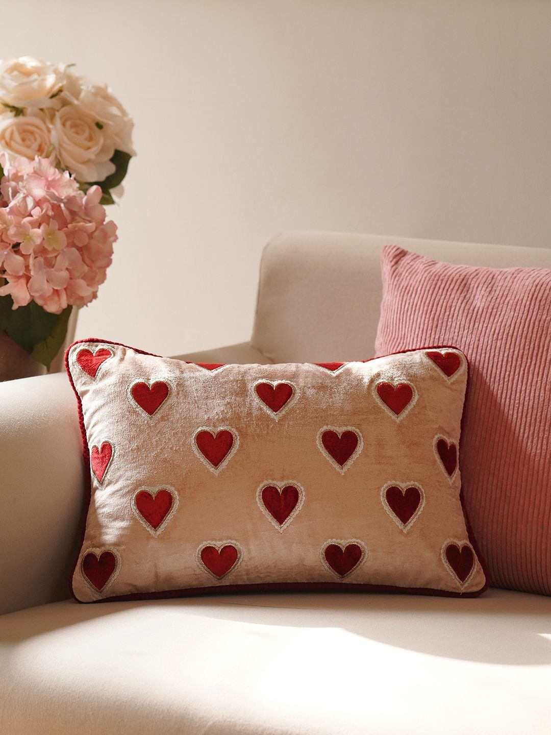 Pure Home and Living Pure Home and Living Pink & Red Heart  Velvet Rectangle Cushion Covers